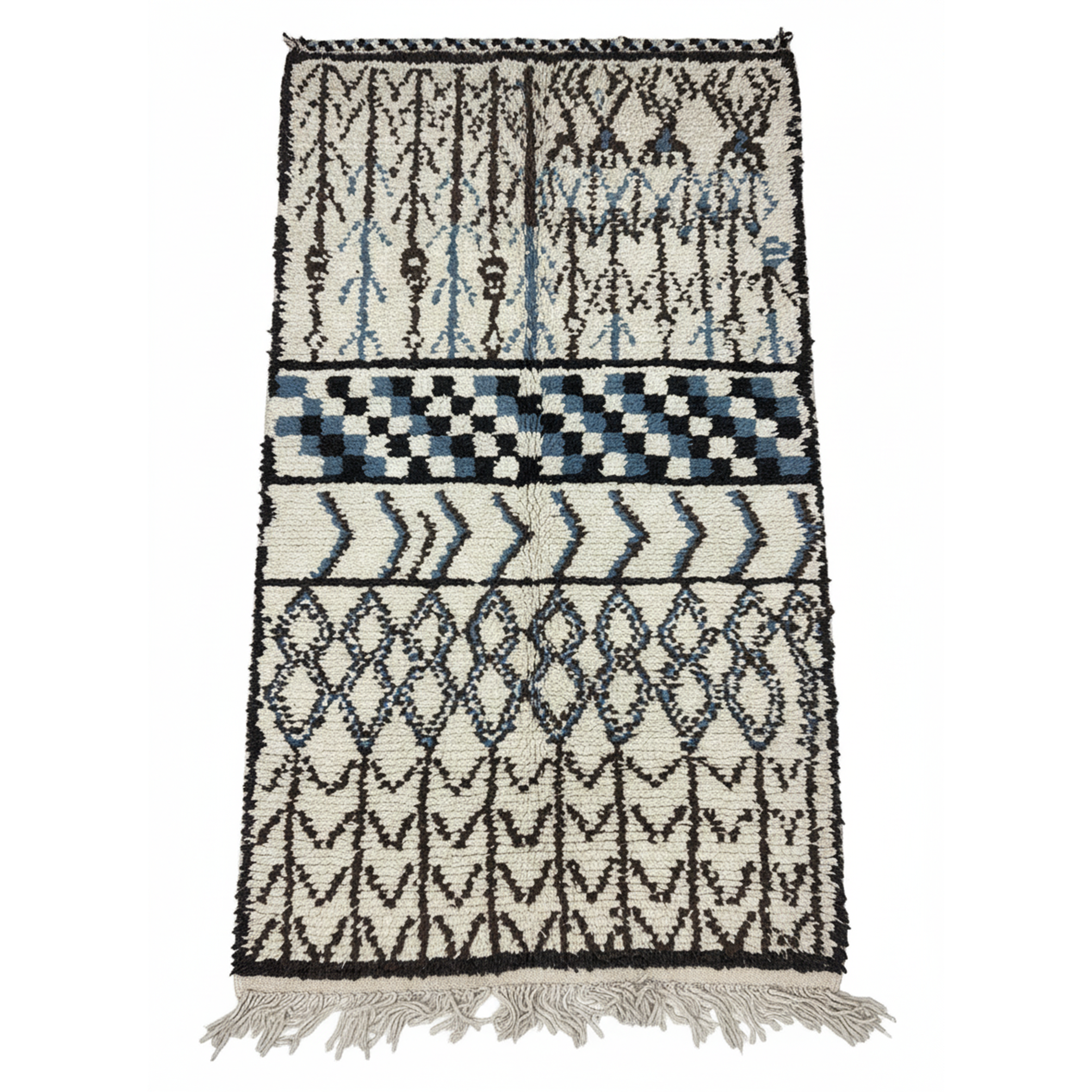 Unique Handcrafted Moroccan Carpet, Berber Rug for living room – Cream & Black with Minimalist Blue Area Rug | 3.6’ × 6.6’ (110 × 200 cm) | Berber Geometric Wool Rug