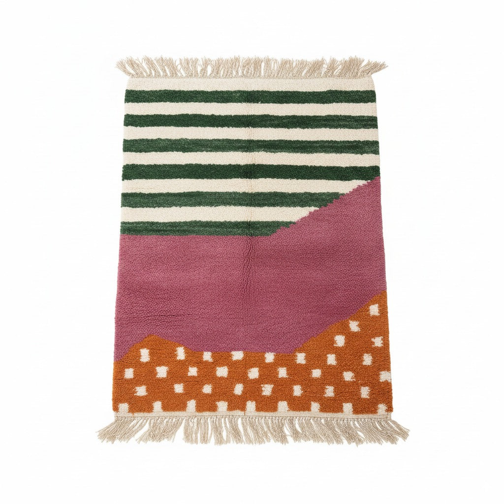 Modern Handmade Moroccan Luxury Rug – Large /area Rug 10.5 x 7.2 ft (3.2 x 2.2 m) | Green, Pink & Orange Wool Area Carpet for Living Room or Bedroom