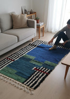 Handmade Wool Runner Rug – Moroccan Blue Runner Rug with Black & White Linen Sides | 5.1 x 3.0 ft (1.55 x 0.9 m) | Hallway & Entryway Boho Accent Carpet