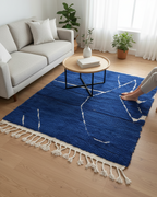 Authentic Moroccan Carpet - Handmade Wool Area Rugs – Blue Rug with White Line Pattern Relief | 6.1 x 8.0 ft (1.85 x 2.45 m) | Modern Boho Living Room, Bedroom & Area Rug