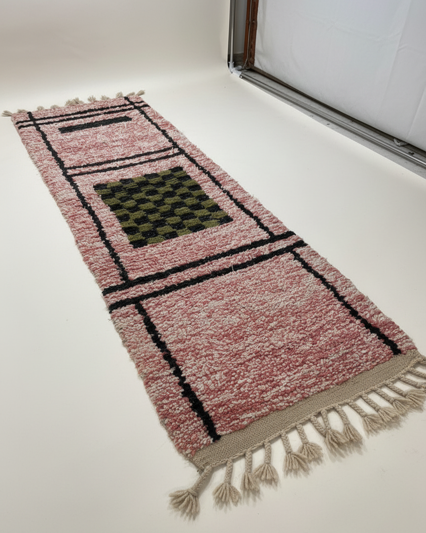 Handmade Moroccan Runner Rug – Dusty Rose with Checkerboard Design | 8.2 x 2.3 ft (2.5 x 0.7 m) | Wool Hallway & Entryway Carpet