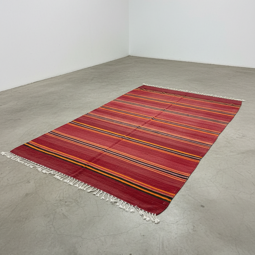 Vintage Moroccan Kilim Flatweave Rug – Handmade Wool Striped Carpet | 9.8 x 5.2 ft (3 x 1.6 m) | Red, Black, Orange & Yellow Rustic Boho