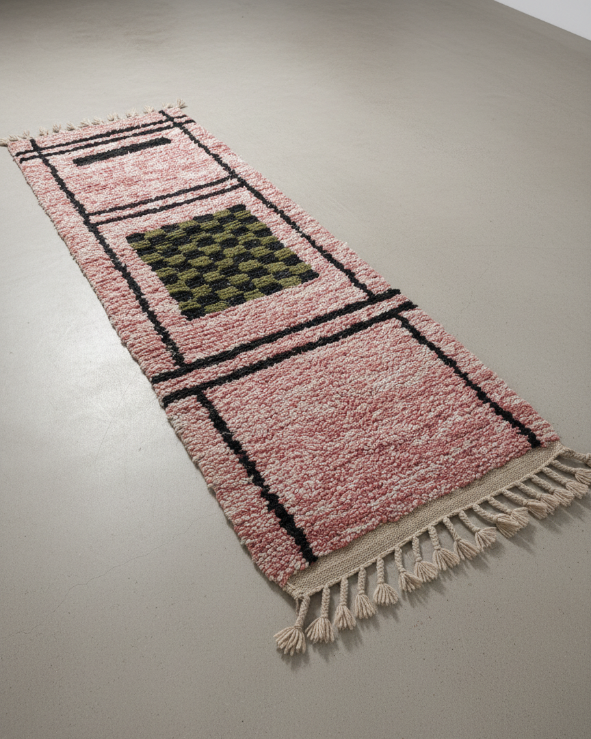 Handmade Moroccan Runner Rug – Dusty Rose with Checkerboard Design | 8.2 x 2.3 ft (2.5 x 0.7 m) | Wool Hallway & Entryway Carpet
