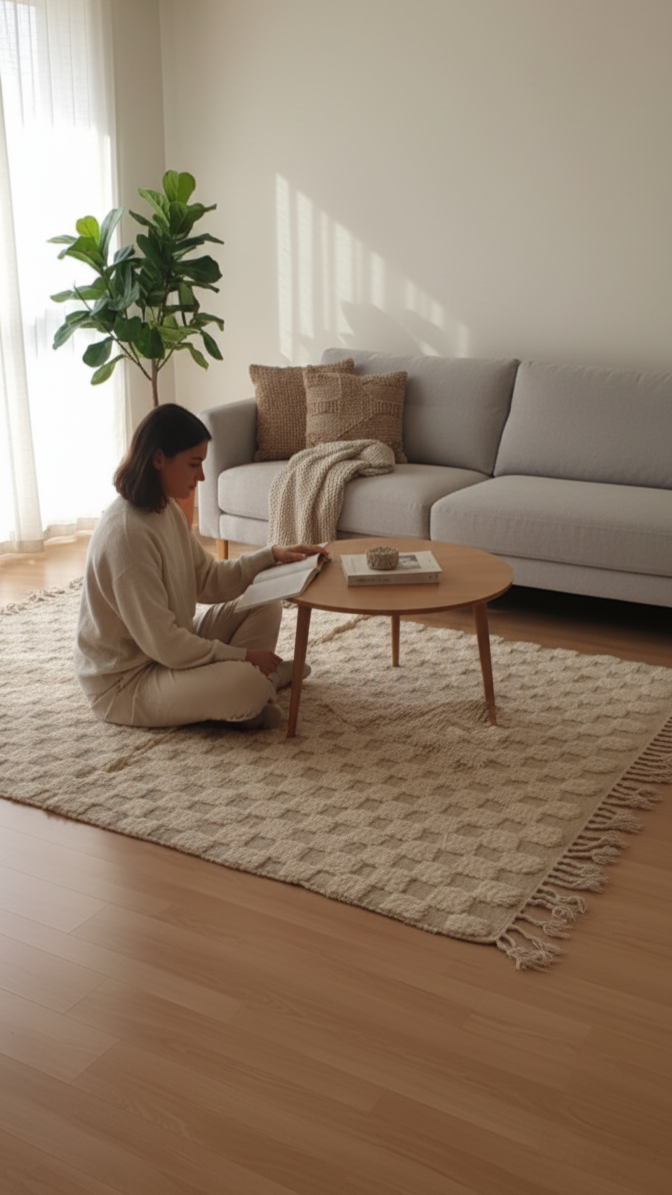 Perfect Rug for Living Room – White cream Checkered Carpet | Area rug 4.6’ × 6.7’ (140 × 205 cm) Neutral Beige & Cream | Boho Rugs , Scandinavian & Minimalist bedroom Rug