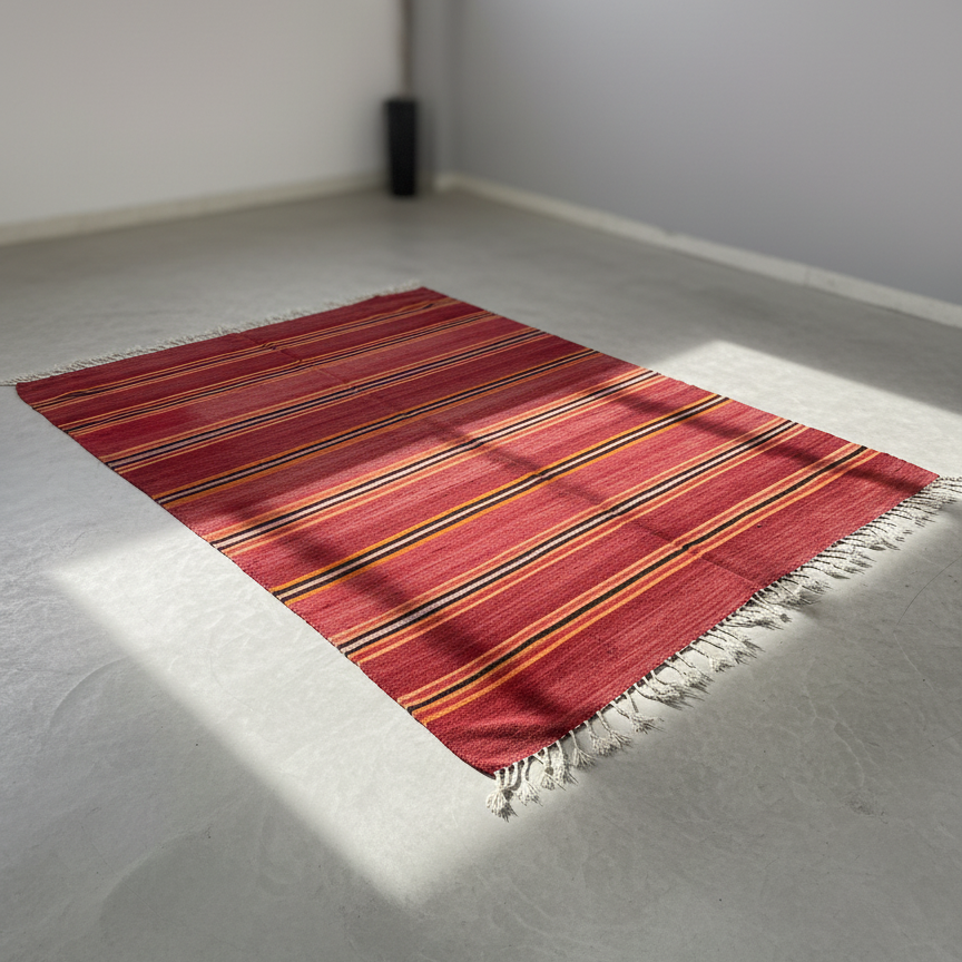 Vintage Moroccan Kilim Flatweave Rug – Handmade Wool Striped Carpet | 9.8 x 5.2 ft (3 x 1.6 m) | Red, Black, Orange & Yellow Rustic Boho