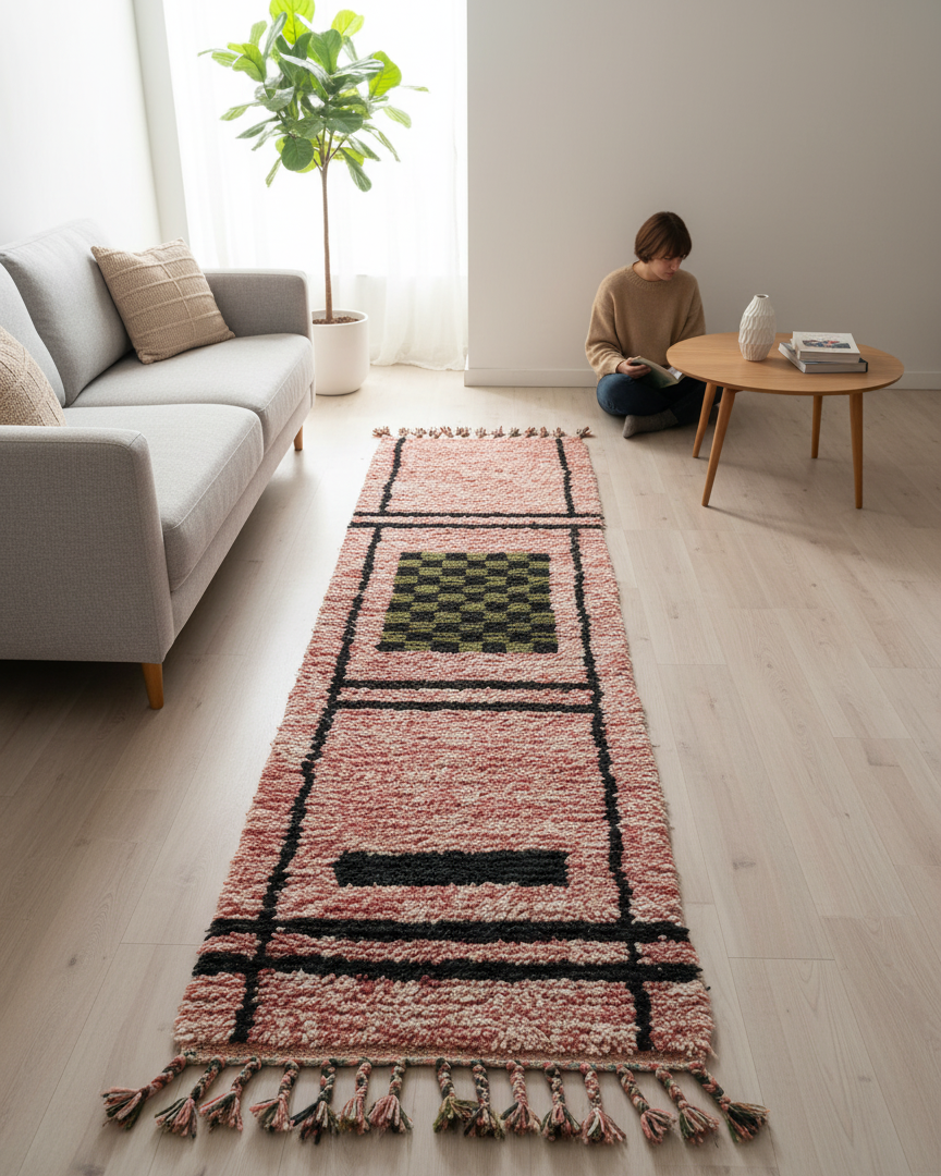 Handmade Moroccan Runner Rug – Dusty Rose with Checkerboard Design | 8.2 x 2.3 ft (2.5 x 0.7 m) | Wool Hallway & Entryway Carpet