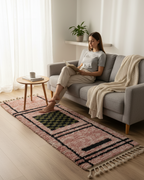 Handmade Moroccan Runner Rug – Dusty Rose with Checkerboard Design | 8.2 x 2.3 ft (2.5 x 0.7 m) | Wool Hallway & Entryway Carpet