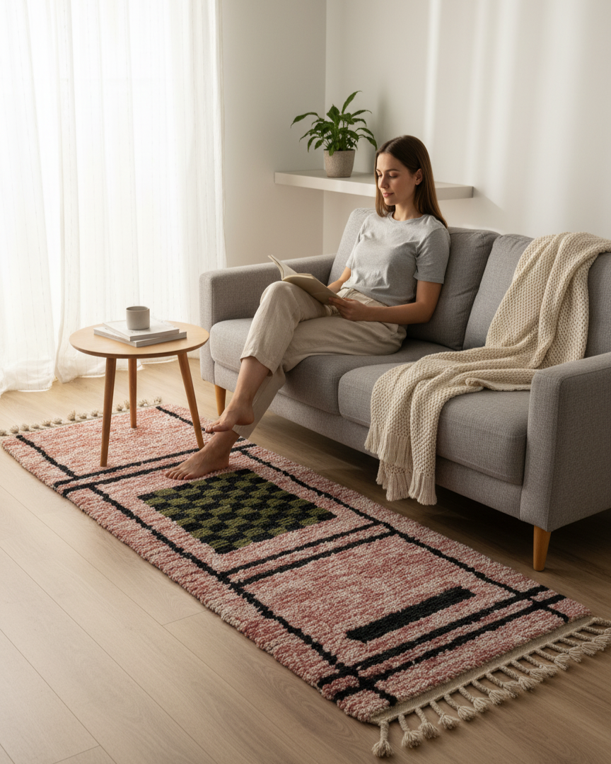 Handmade Moroccan Runner Rug – Dusty Rose with Checkerboard Design | 8.2 x 2.3 ft (2.5 x 0.7 m) | Wool Hallway & Entryway Carpet