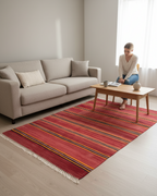 Vintage Moroccan Kilim Flatweave Rug – Handmade Wool Striped Carpet | 9.8 x 5.2 ft (3 x 1.6 m) | Red, Black, Orange & Yellow Rustic Boho