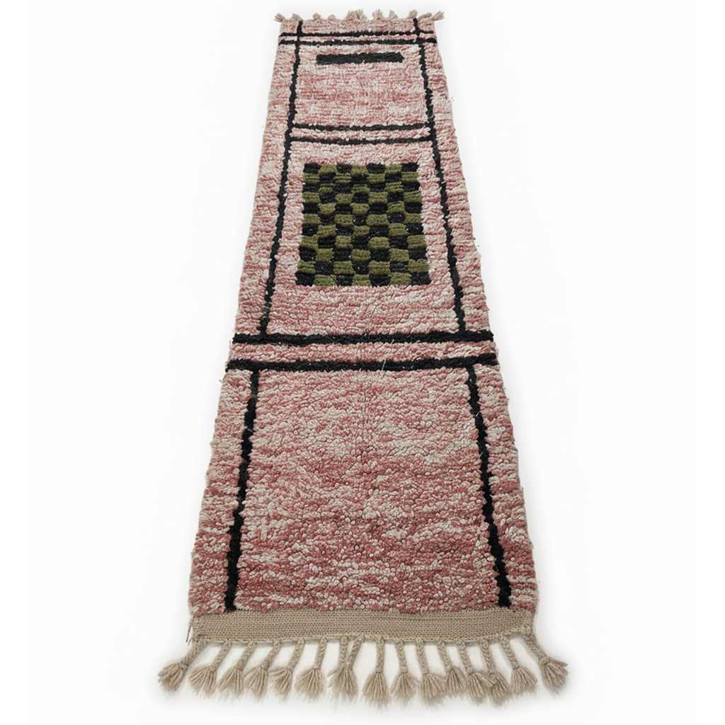 Handmade Moroccan Runner Rug – Dusty Rose with Checkerboard Design | 8.2 x 2.3 ft (2.5 x 0.7 m) | Wool Hallway & Entryway Carpet