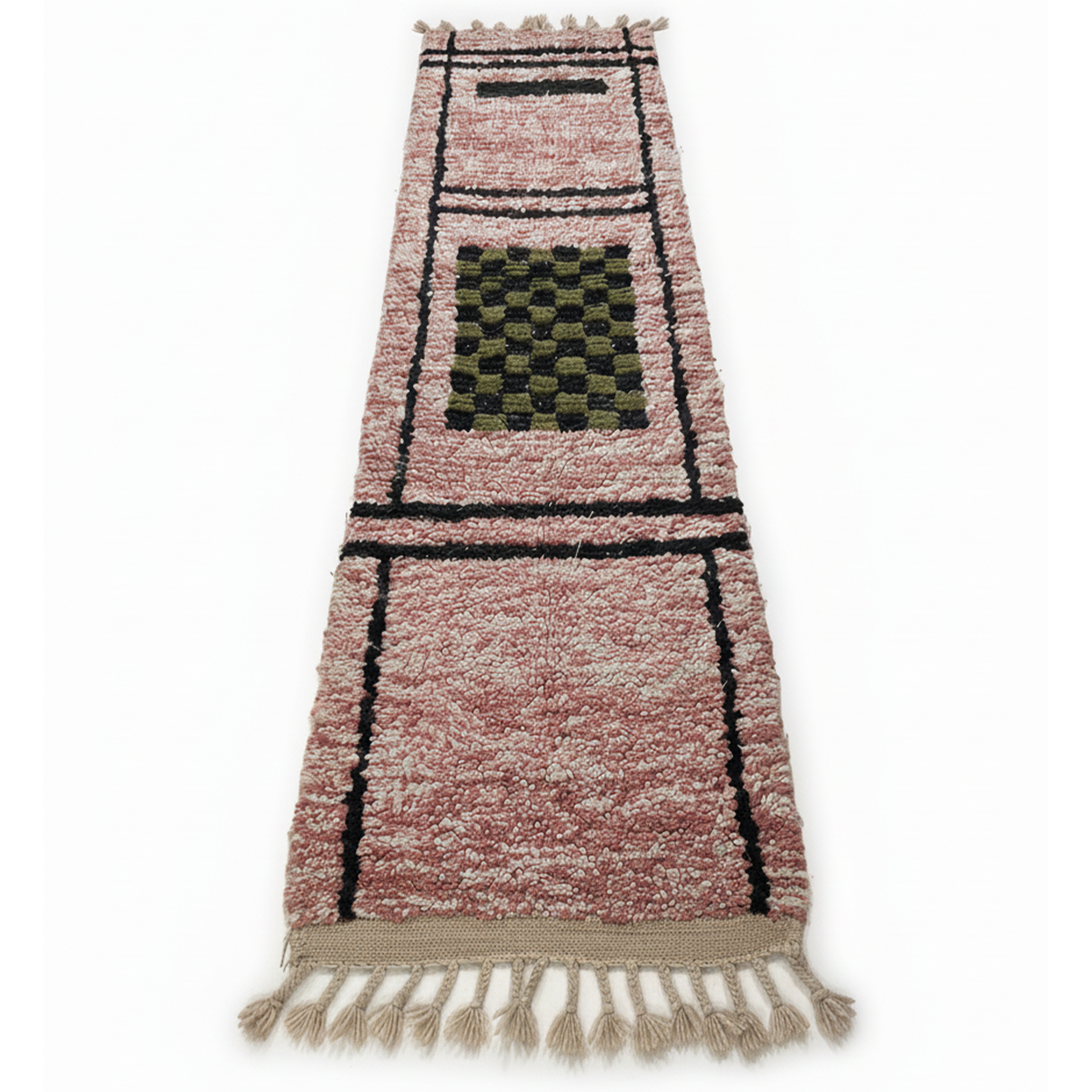 Handmade Moroccan Runner Rug – Dusty Rose with Checkerboard Design | 8.2 x 2.3 ft (2.5 x 0.7 m) | Wool Hallway & Entryway Carpet