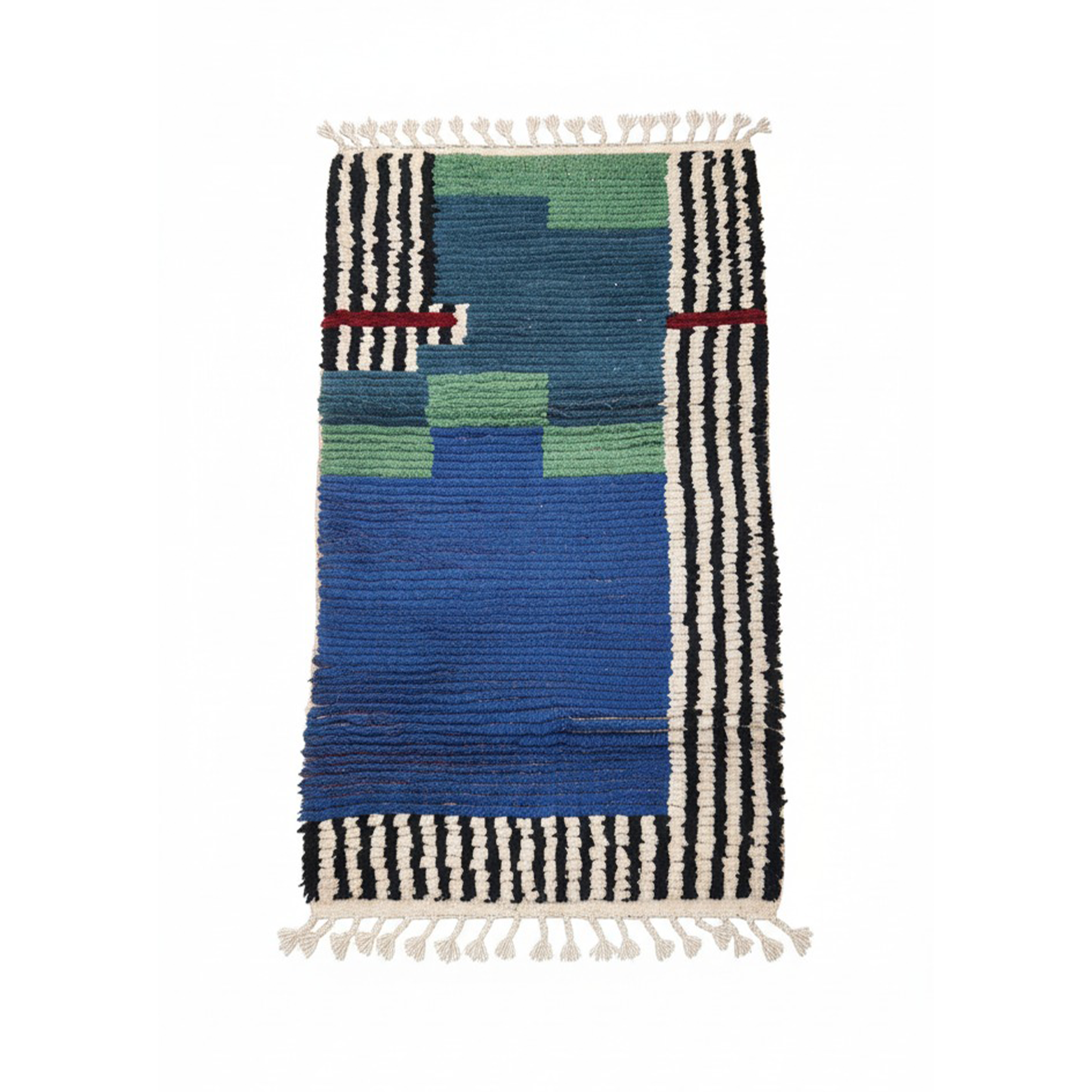 Handmade Wool Runner Rug – Moroccan Blue Runner Rug with Black & White Linen Sides | 5.1 x 3.0 ft (1.55 x 0.9 m) | Hallway & Entryway Boho Accent Carpet