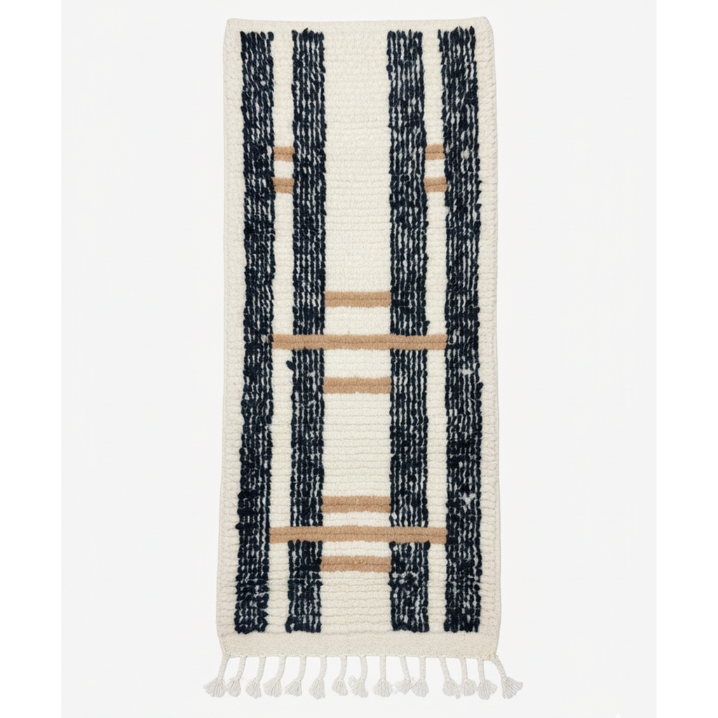 Handcrafted Moroccan-Style Runner Rug – Modern Boho Striped Design | 4.9’ × 2.1’ (150 × 65 cm) | Plush Wool Accent Rug