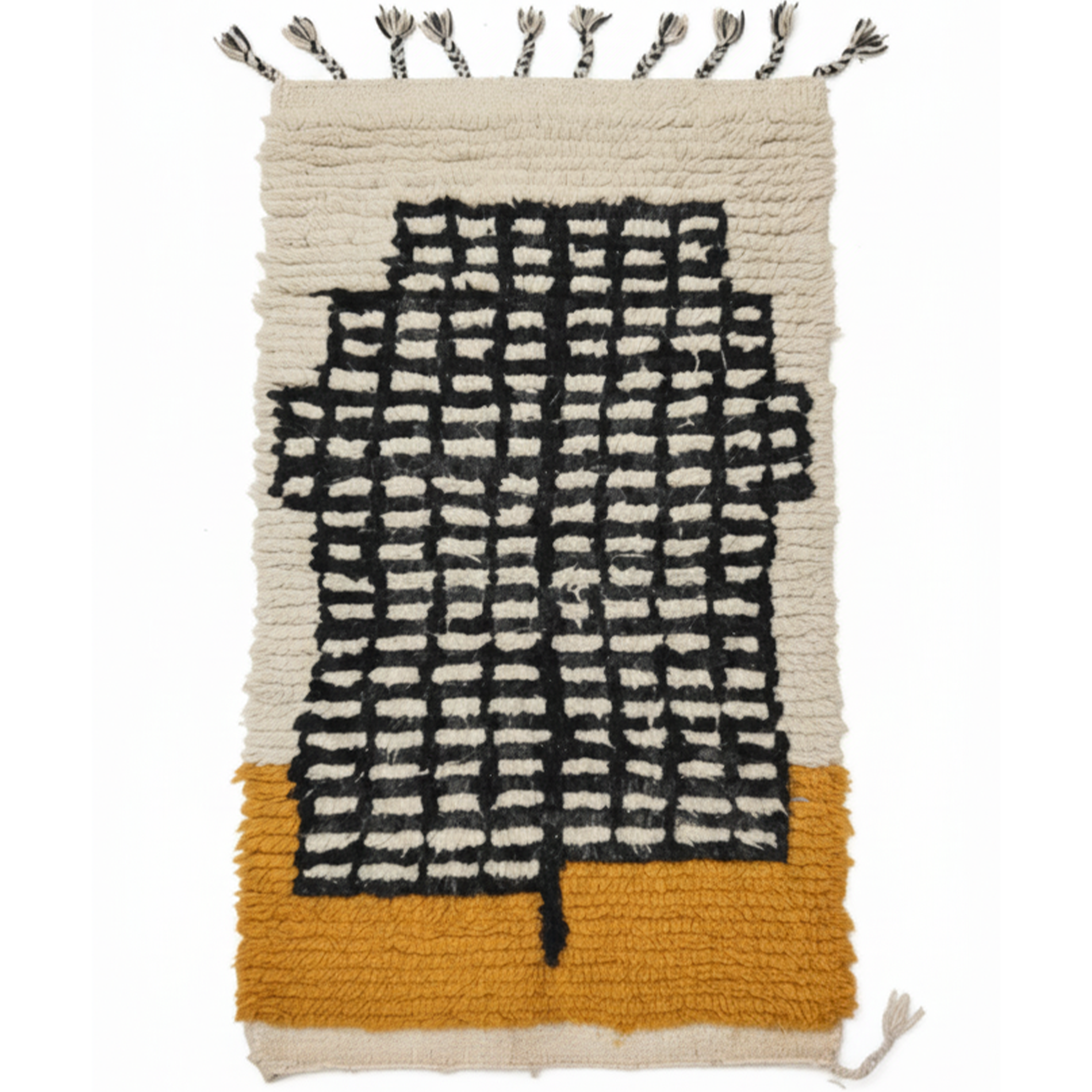 Handmade Moroccan Wool Runner Rug – Yellow & White with Black Pattern | Small Vintage Boho Carpet | 3.9 x 2.1 ft (1.2 x 0.65 m) | Modern Living Room, Bedroom & Hallway Rug