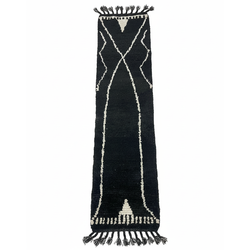 Black Moroccan Runner Rug, Handmade Abstract Rug White Berber Signs – Wool Hallway Carpet | 2 x 10 ft (0.6 x 3.0 m)