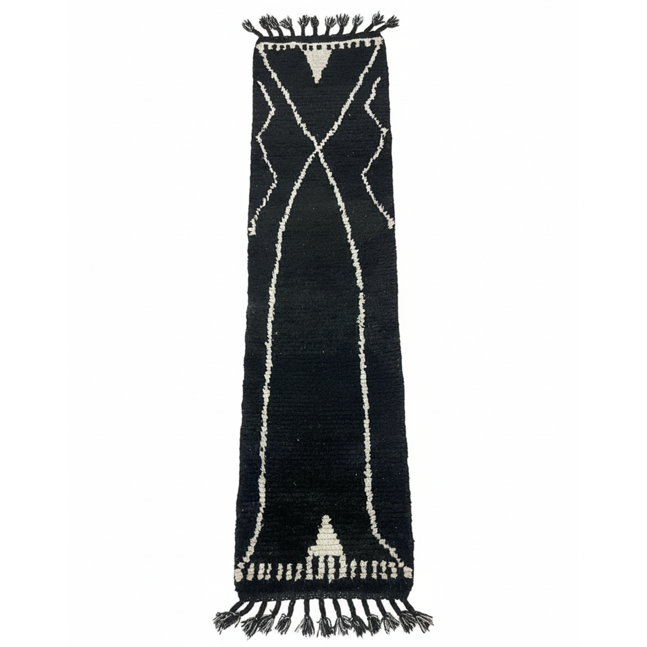 Black Moroccan Runner Rug, Handmade Abstract Rug White Berber Signs – Wool Hallway Carpet | 2 x 10 ft (0.6 x 3.0 m)