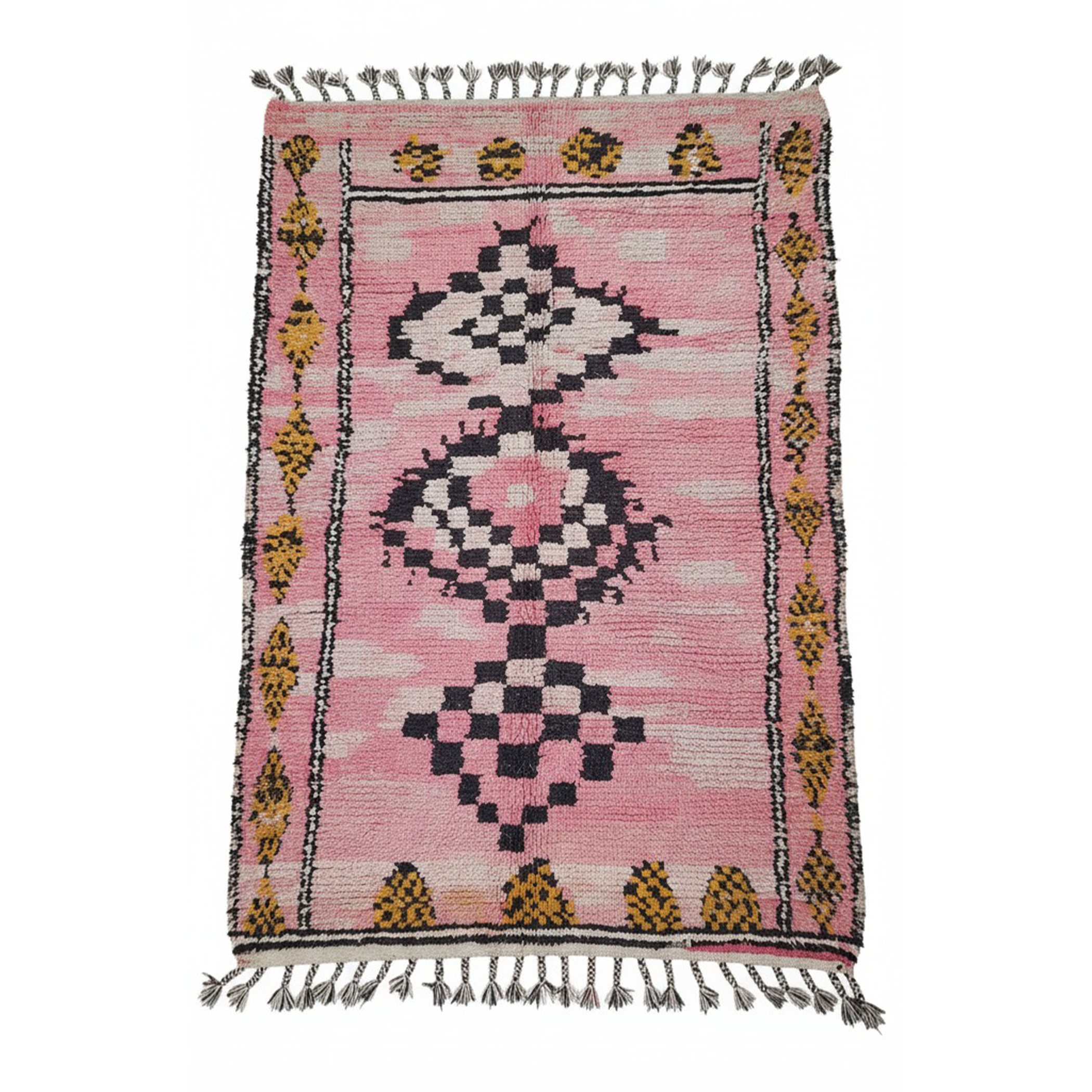 Vintage Handmade Moroccan Wool Rug – Pink Rug for bedroom with Minimalist Berber Rugs Design in Black & Yellow | 7.9 x 5.1 ft (2.42 x 1.56 m) | Boho Chic Bedroom & Living Room Carpet