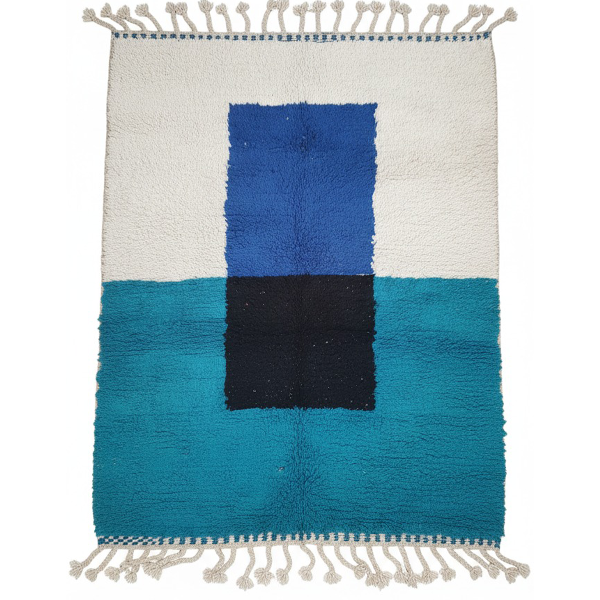 Authentic Handmade Moroccan Wool Area Rug – White & Turquoise Blue Carpet with Black & Blue Abstract Pattern | 4.9 x 7.2 ft (1.5 x 2.2 m) | Modern Boho Living Room & Bedroom Rug