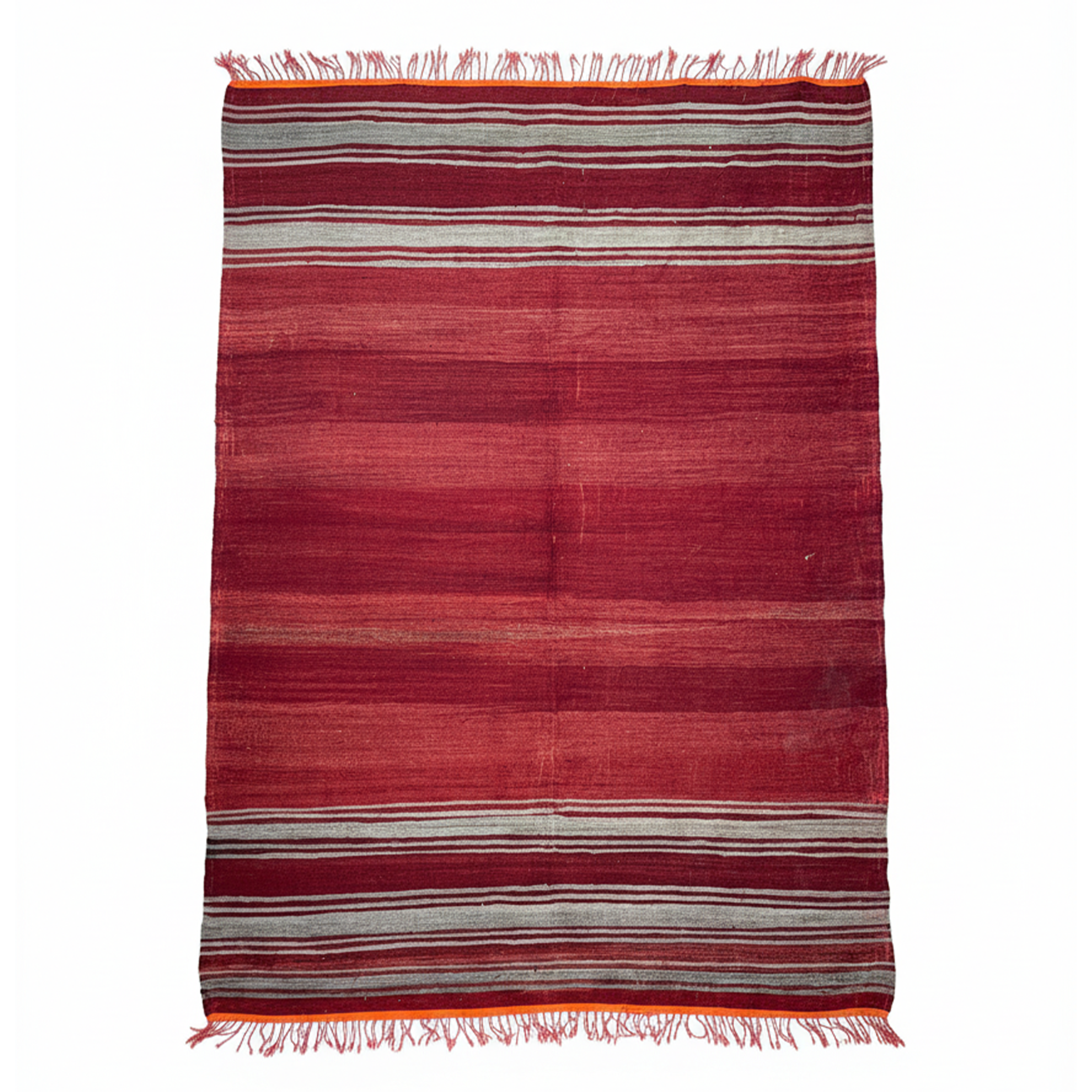 Vintage Moroccan Kilim Hanbel Rug – Handwoven Wool Flatweave Carpet | 9.7 x 6.2 ft (2.95 x 1.9 m) | Red, Grey & Orange Rustic Berber Stripe