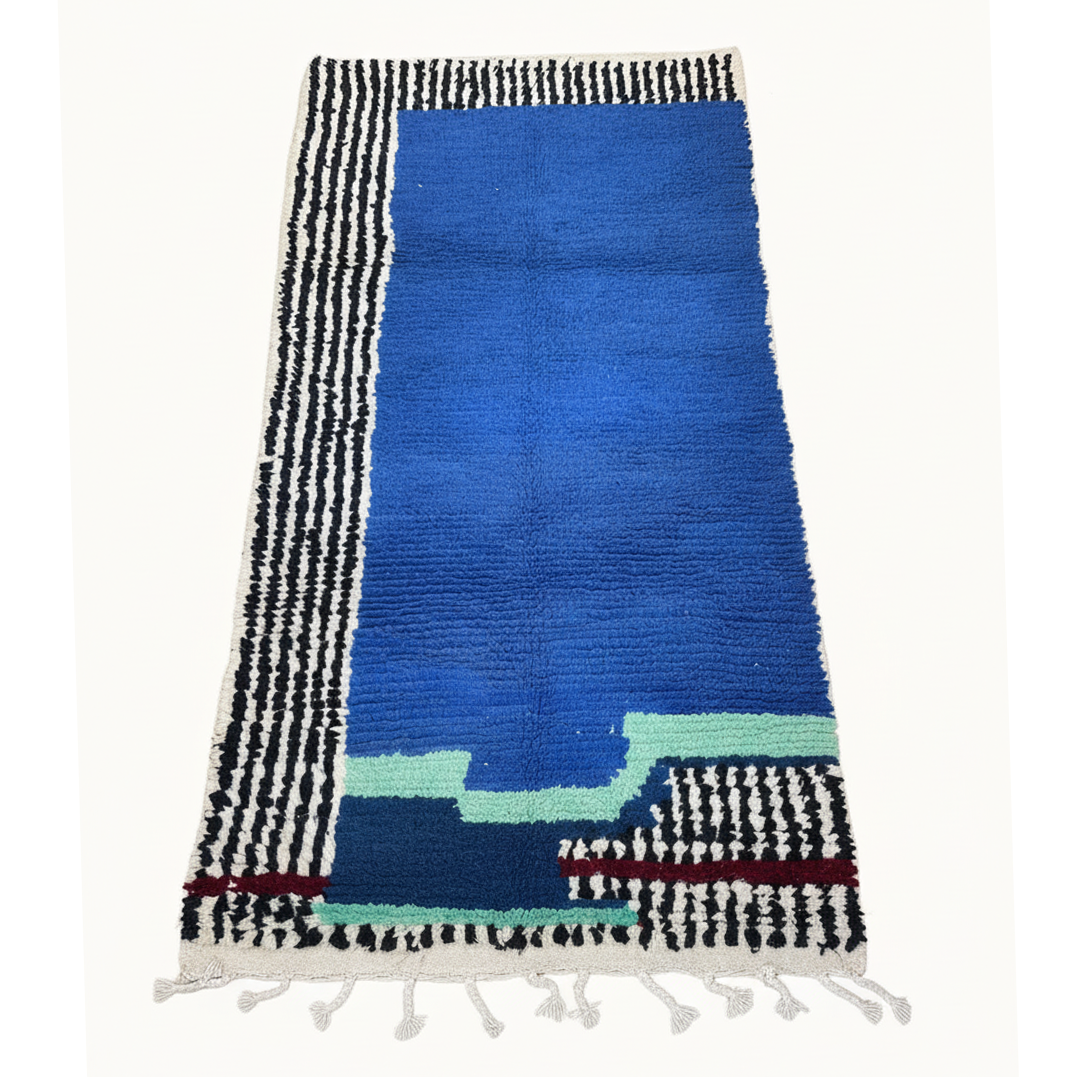 Modern Moroccan Berber Rug – Royal Blue with Abstract Black & White Stripes, Mint & Burgundy Accents | 4 x 7.2 ft (1.2 x 2.2 m) | Handmade Wool Art Rug
