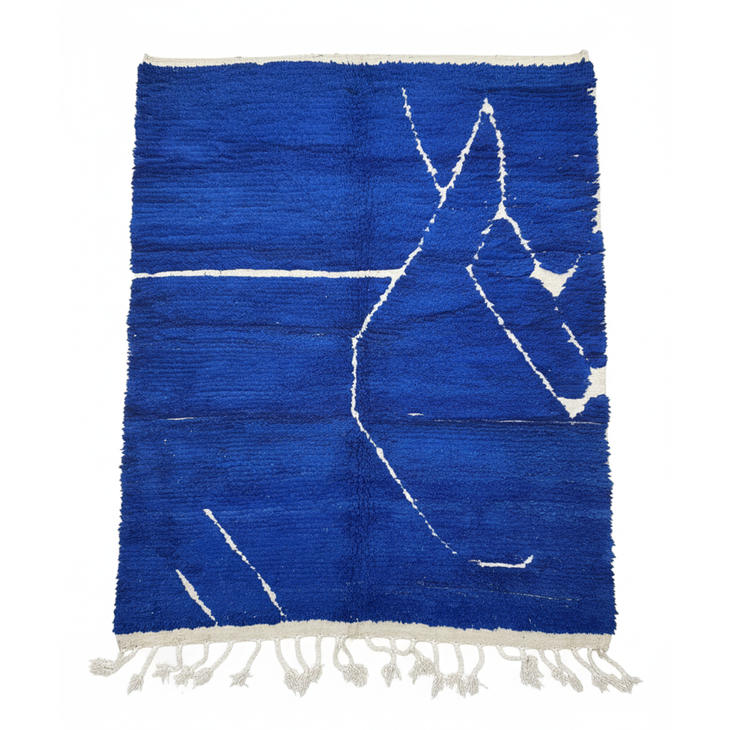 Authentic Moroccan Carpet - Handmade Wool Area Rugs – Blue Rug with White Line Pattern Relief | 6.1 x 8.0 ft (1.85 x 2.45 m) | Modern Boho Living Room, Bedroom & Area Rug