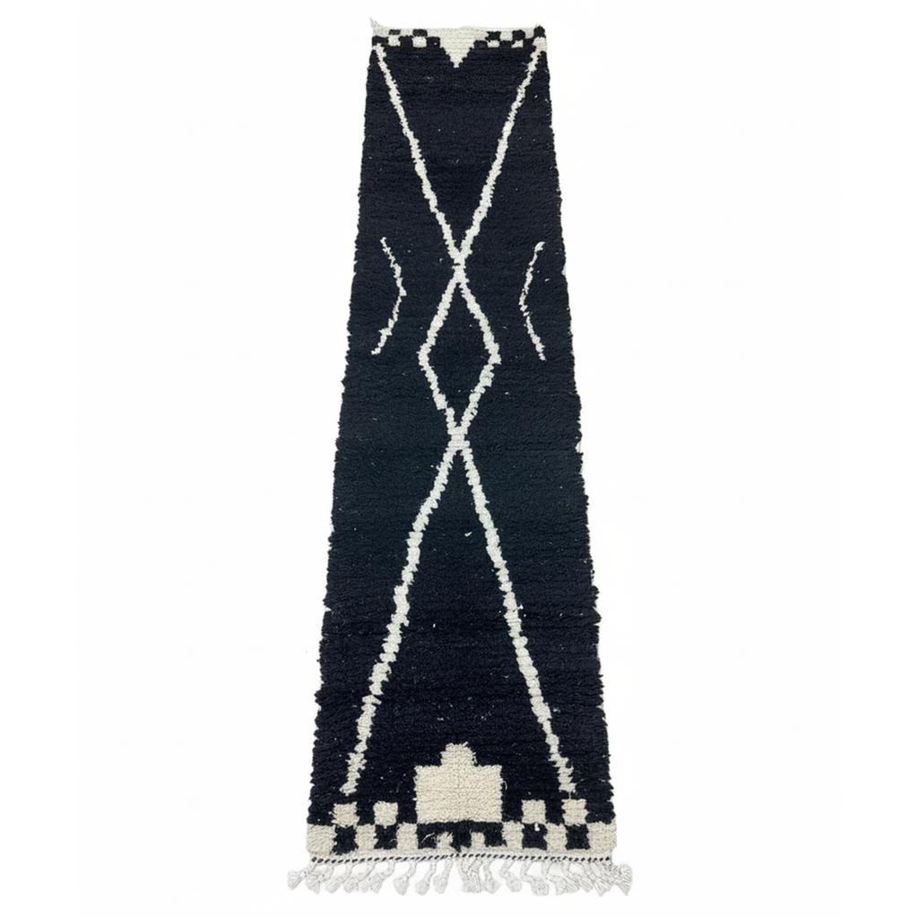 Handcrafted Moroccan Berber Runner Rug – Black & Cream Geometric | 2’ × 9.5’ (60 × 290 cm) | Modern Boho Hallway Runner