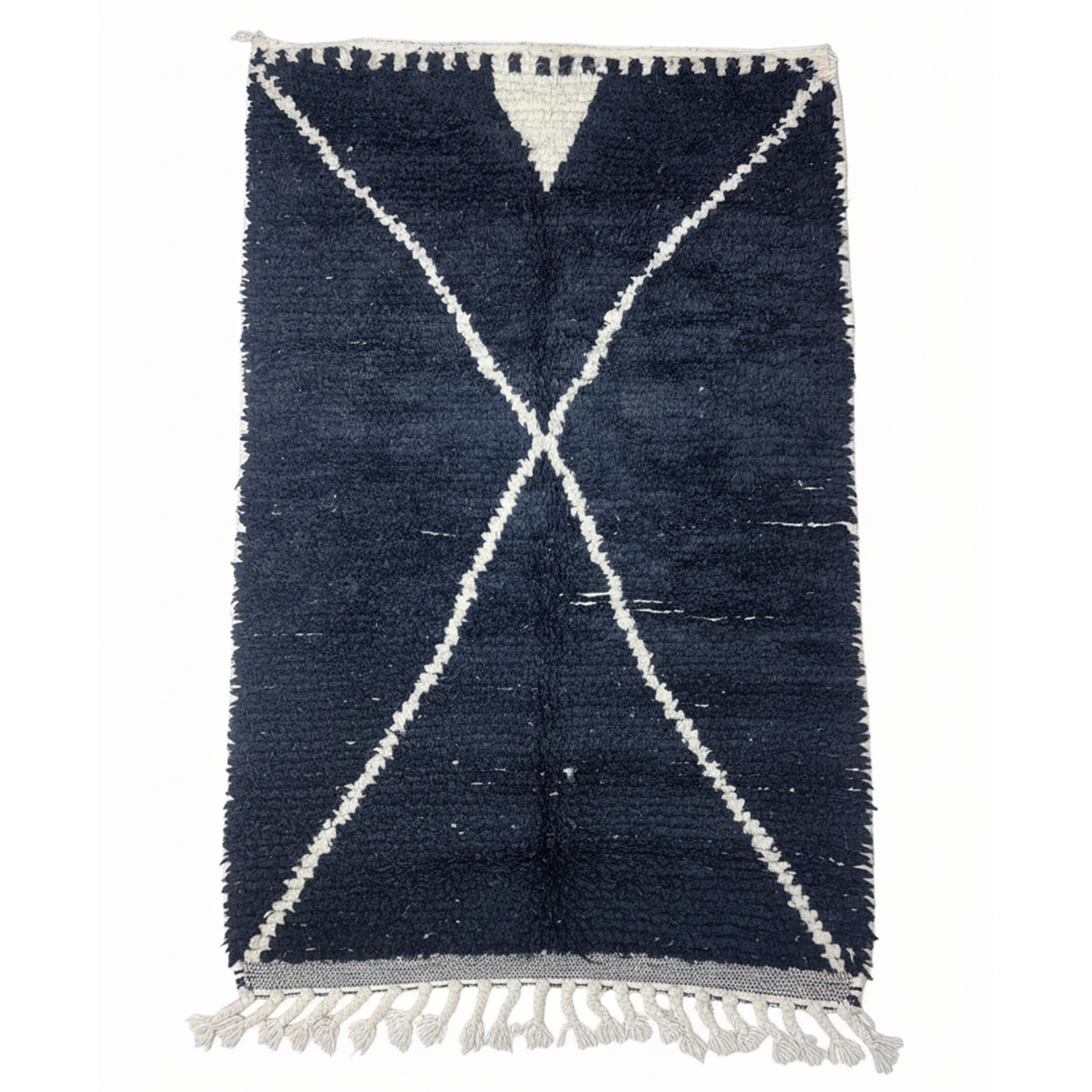 Handmade Moroccan Berber Rug – Black & Ivory Geometric 'X' Design | 4’ × 6.5’ (120 × 200 cm) | Plush Wool Area Rug