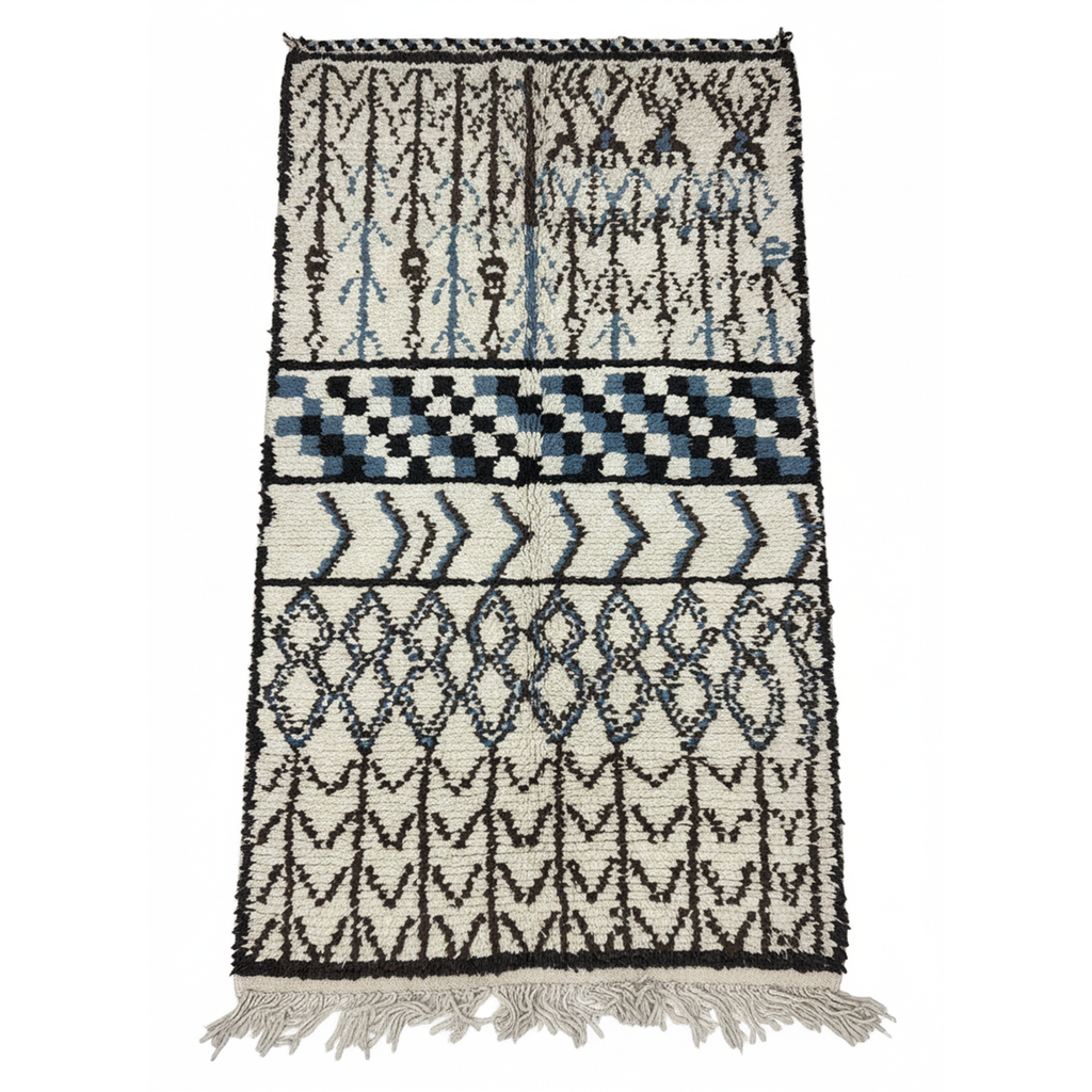 Unique Handcrafted Moroccan Carpet, Berber Rug for living room  – Cream & Black with Minimalist Blue Area Rug | 3.6’ × 6.6’ (110 × 200 cm) | Berber  Geometric Wool Rug