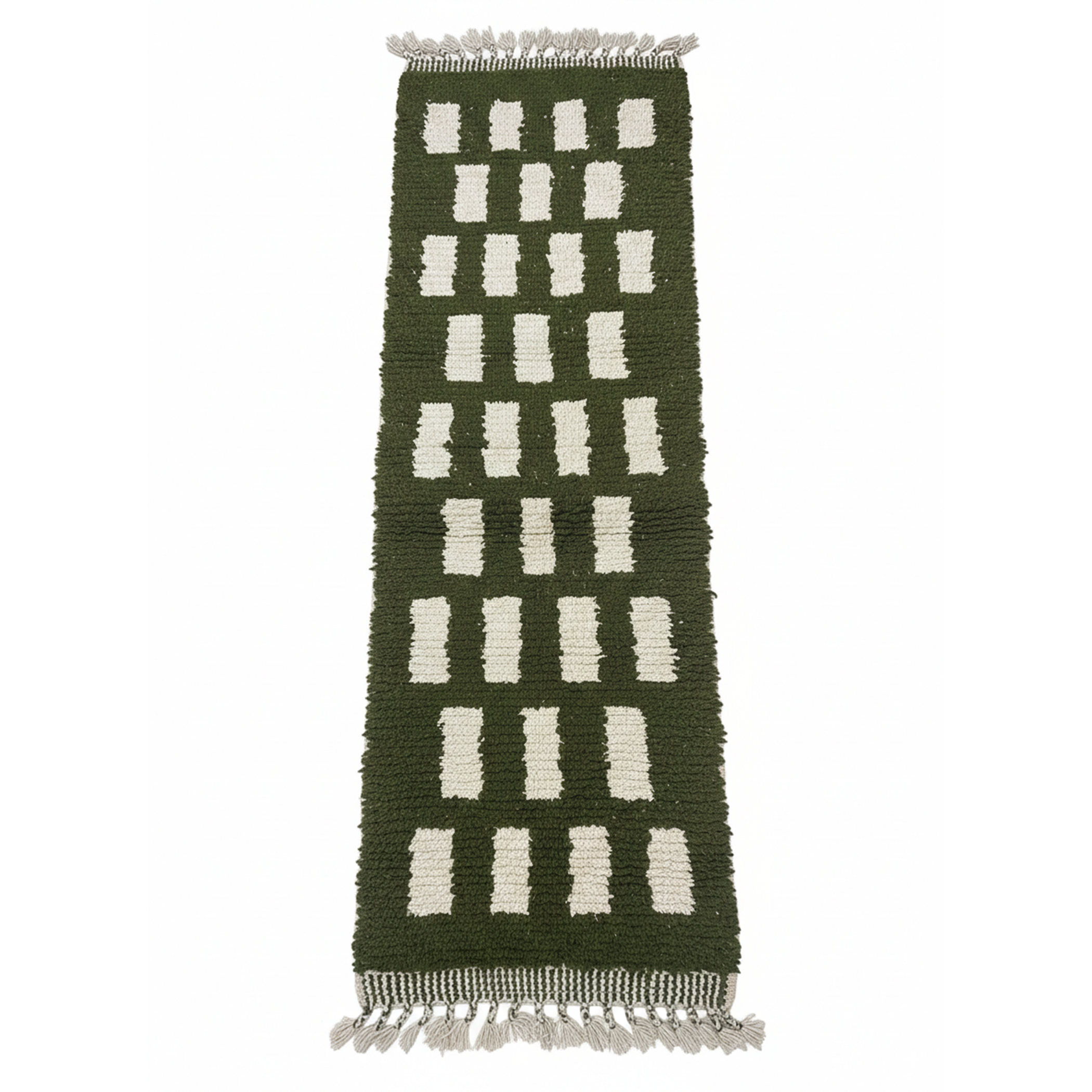 Handmade Moroccan Runner Rug – Olive Green with Cream Geometric Pattern | 7.5 x 2.1 ft (2.3 x 0.65 m) | Wool Hallway & Entryway Carpet