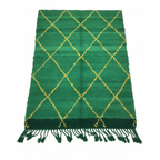 Handcrafted Moroccan Berber Rug – Deep Green & Golden Yellow Diamond Design | 5’ × 7’ (150 × 220 cm) | Plush Wool Shag