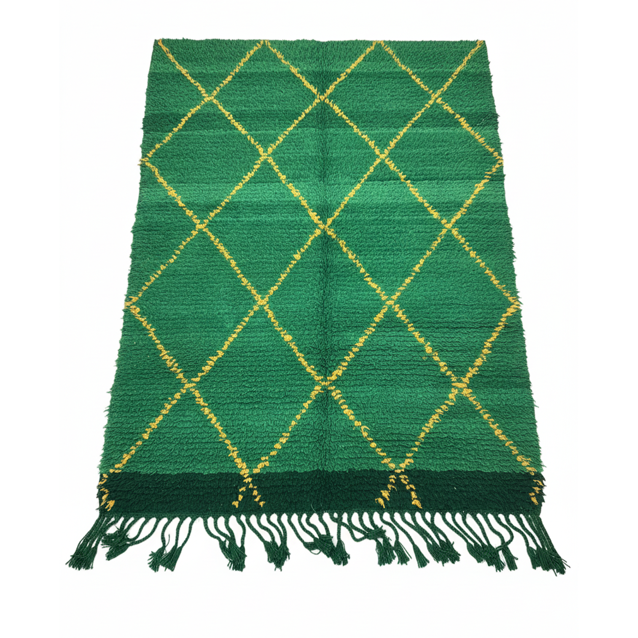 Handcrafted Moroccan Berber Rug – Deep Green & Golden Yellow Diamond Design | 5’ × 7’ (150 × 220 cm) | Plush Wool Shag