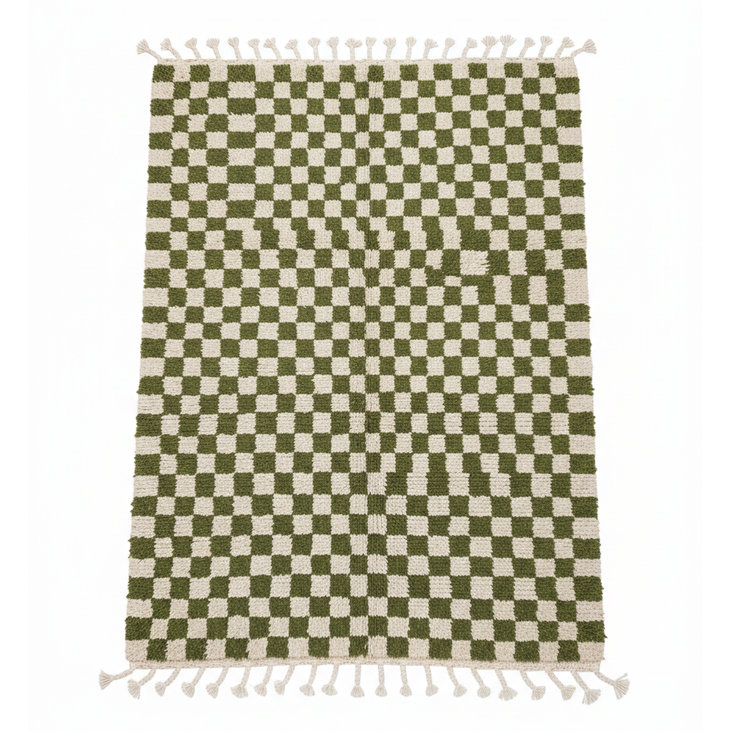 Moroccan Checkered Rug – Green & White Wool handmade Carpet | 8 x 5 ft (2.4 x 1.5 m) | Stylish Modern Handmade Living Room & Bedroom Area Rug