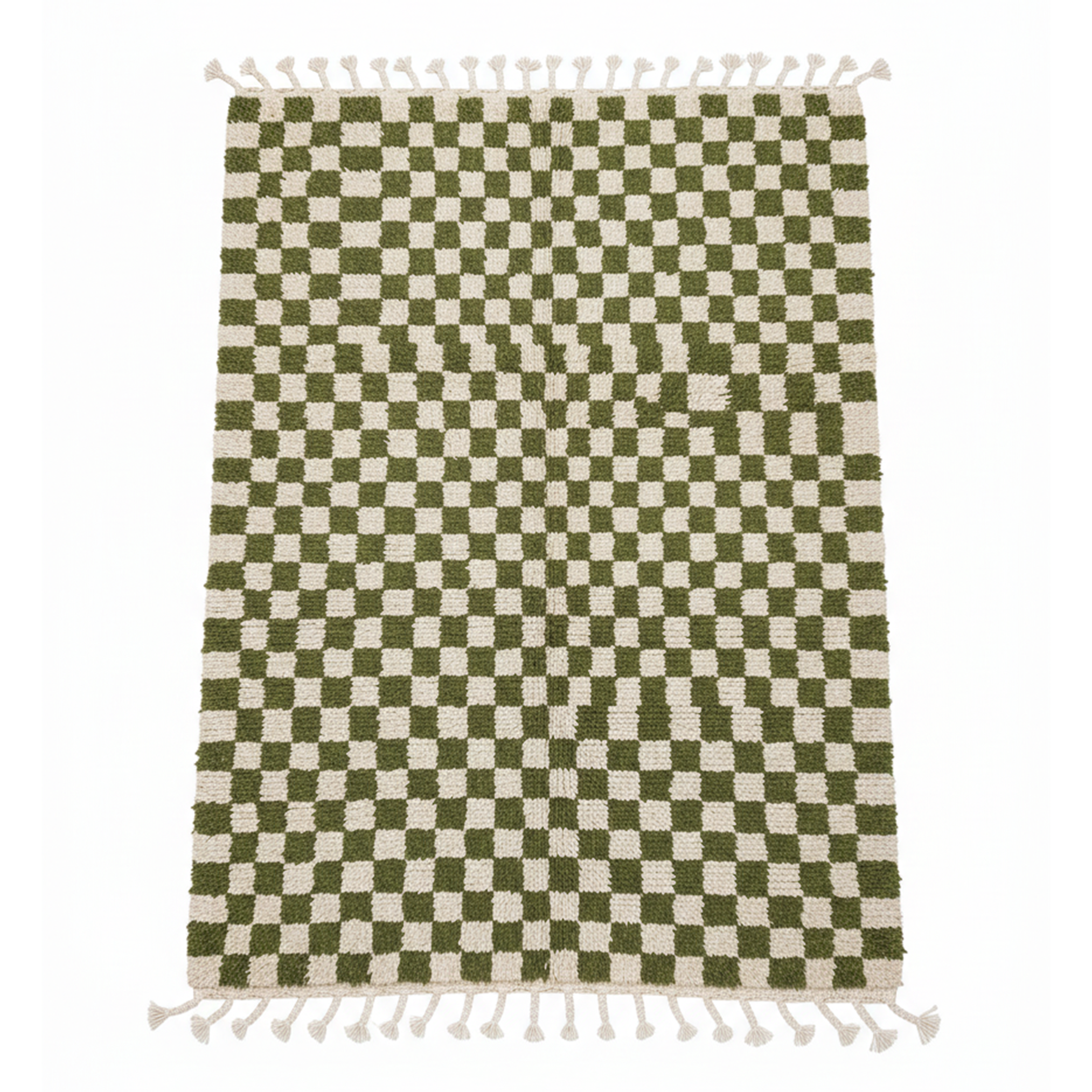 Moroccan Checkered Rug – Green & White Wool handmade Carpet | 8 x 5 ft (2.4 x 1.5 m) | Stylish Modern Handmade Living Room & Bedroom Area Rug