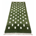 Handwoven Moroccan Berber Runner Rug – Green & White Geometric | 5’ × 15’ (150 × 457 cm) | Wool High-Pile Hallway Rug