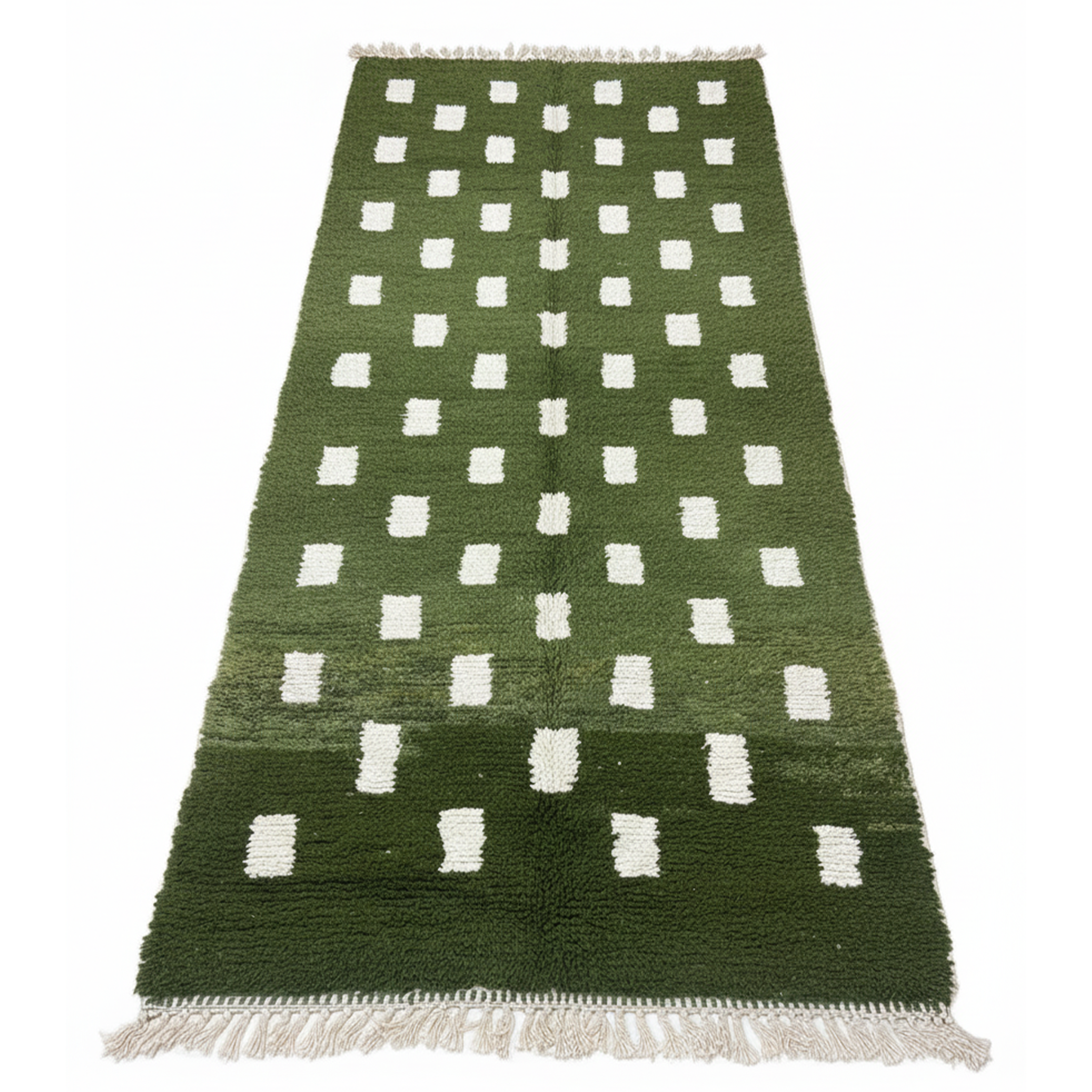 Handwoven Moroccan Berber Runner Rug – Green & White Geometric | 5’ × 15’ (150 × 457 cm) | Wool High-Pile Hallway Rug