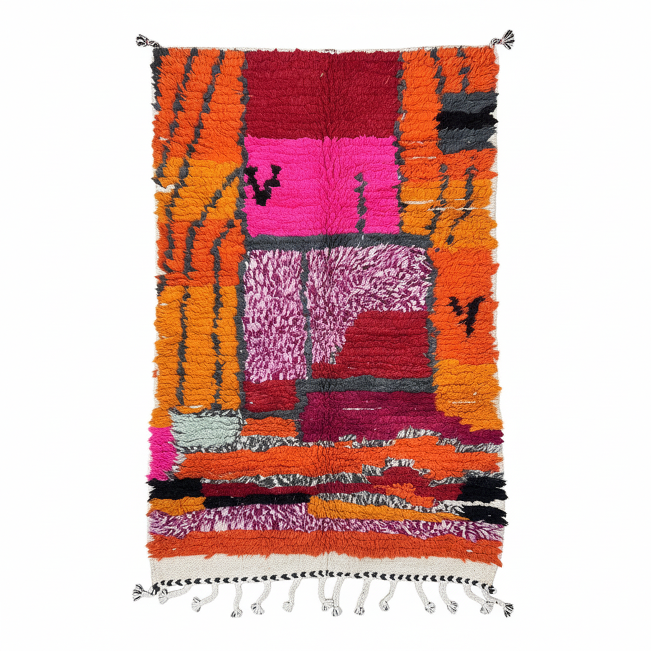Handcrafted Moroccan Boucherouite Rug – Vibrant Hot Pink & Orange Color-Block | 2.6’ × 4.3’ (80 × 130 cm) | Boho & Modern Accent Rug
