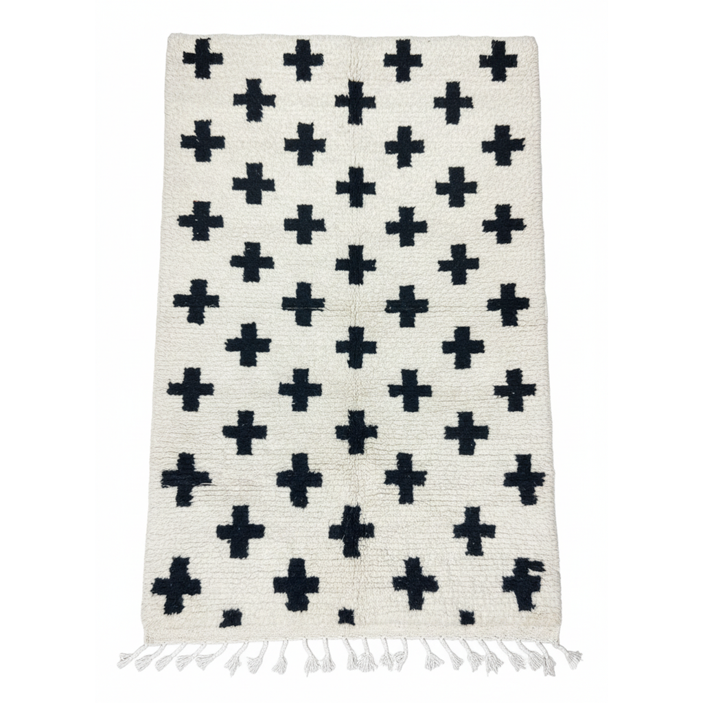 Handwoven Moroccan Beni Ourain Runner Rug – Black & White Geometric | 4.2’ × 12.8’ (150 × 390 cm) | Wool High-Pile Hallway Rug