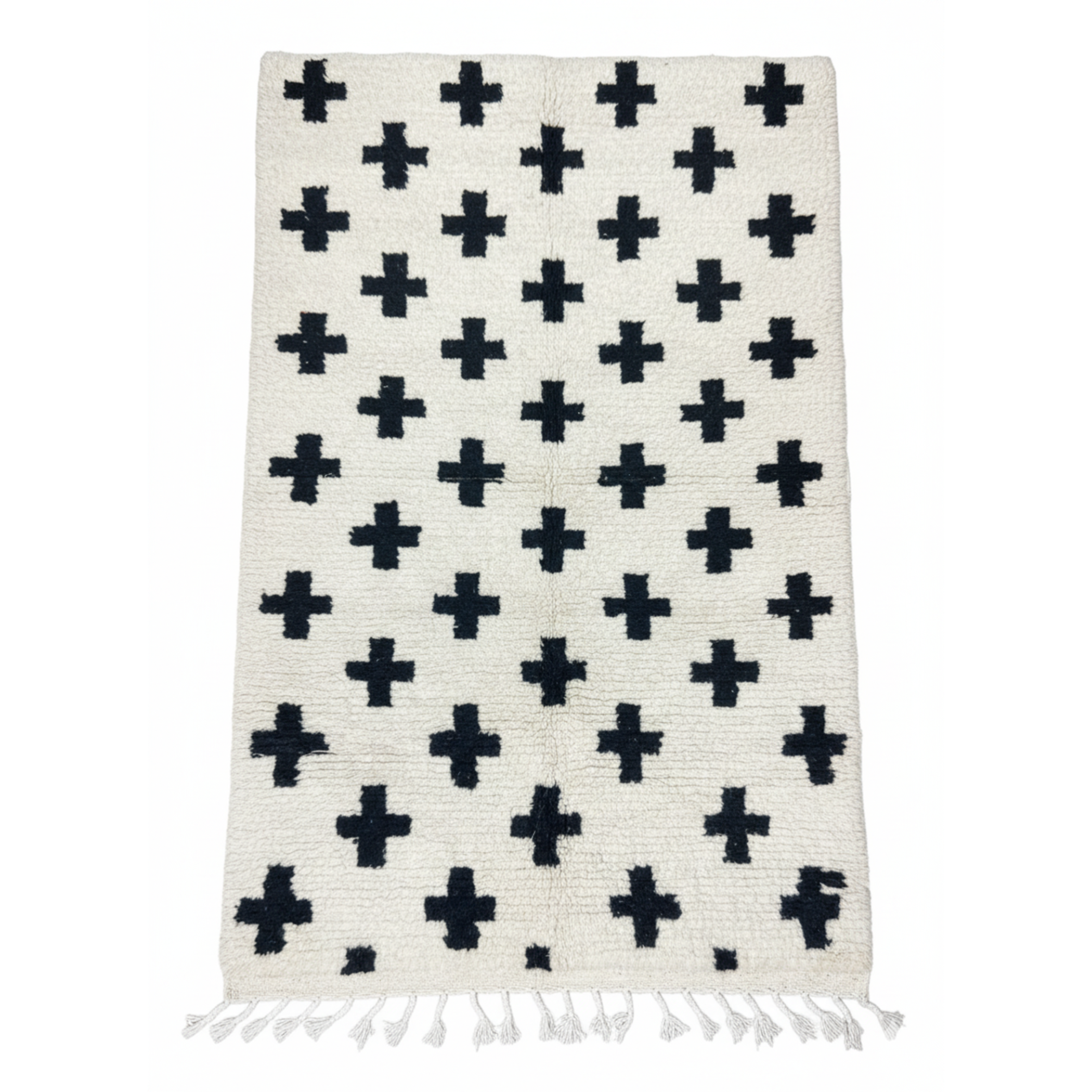 Handwoven Moroccan Beni Ourain Runner Rug – Black & White Geometric | 4.2’ × 12.8’ (150 × 390 cm) | Wool High-Pile Hallway Rug