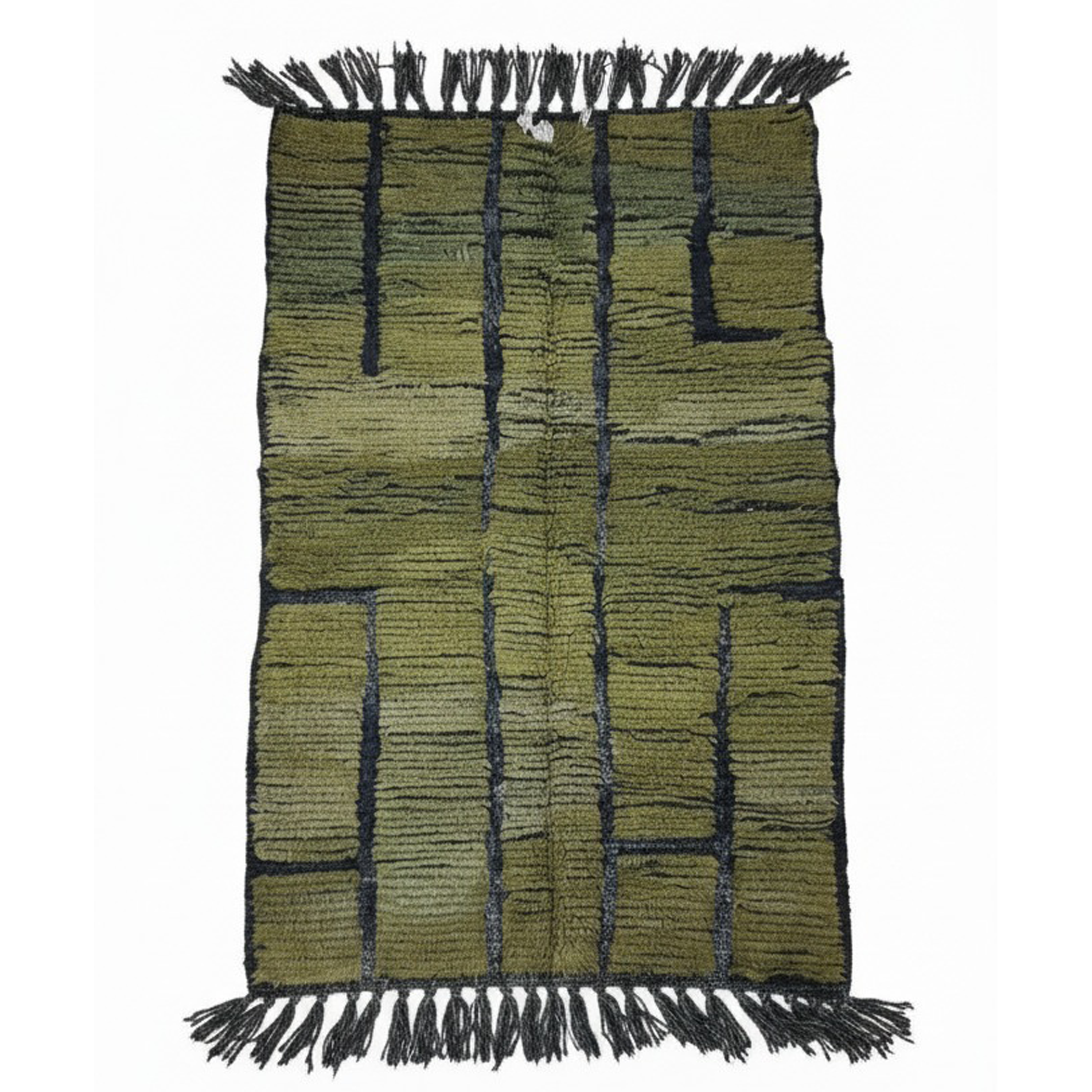 Handmade Moroccan Wool Area Rug – Olive Green with Black Line Pattern | 6.9 x 3.9 ft (2.1 x 1.2 m) | Modern Boho Living Room, Bedroom & Hallway Carpet
