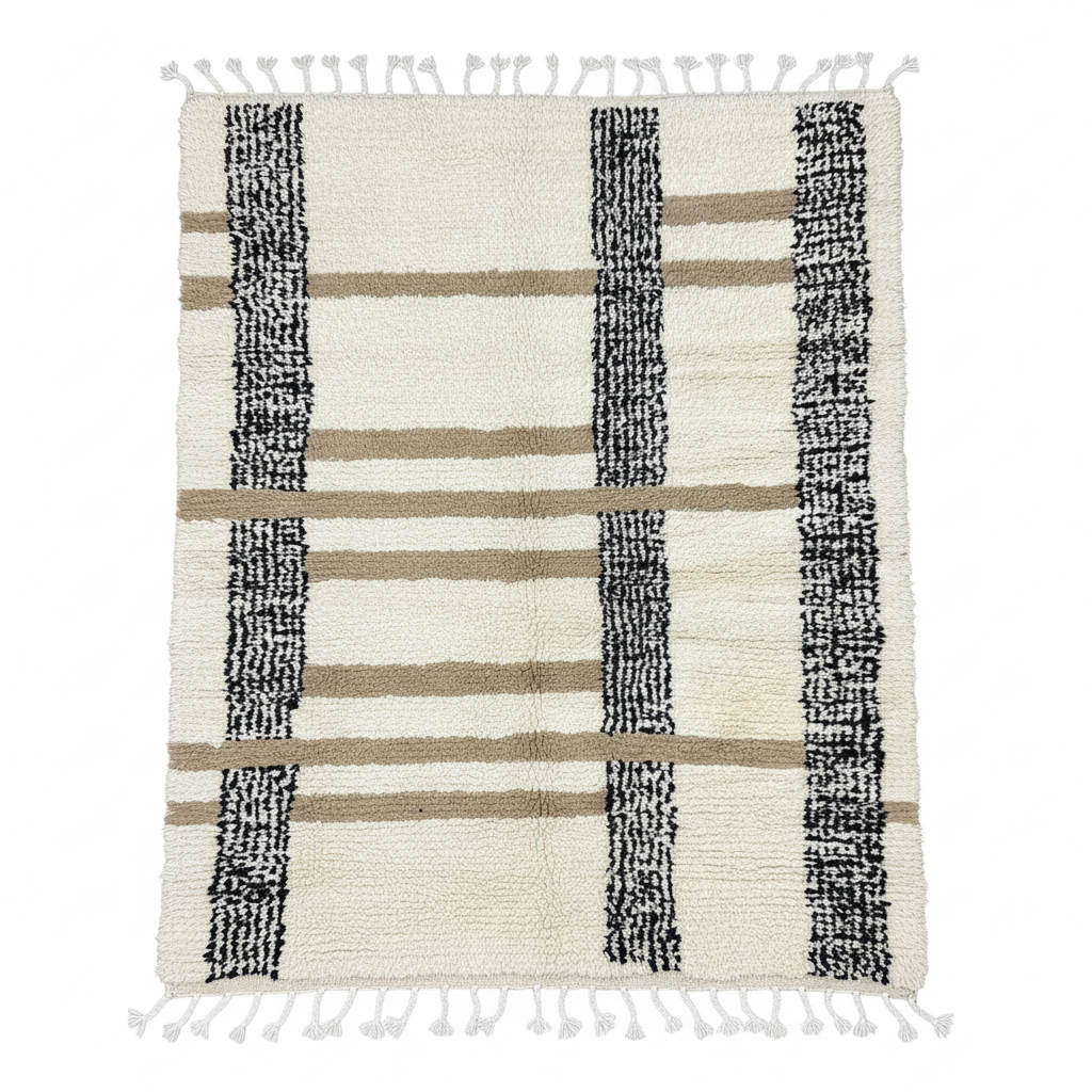 LUXURY Moroccan Area Rug , Handmade White Berber Rug with linene patern and gold Details.