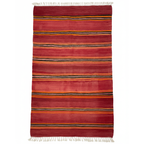 Vintage Moroccan Kilim Flatweave Rug – Handmade Wool Striped Carpet | 9.8 x 5.2 ft (3 x 1.6 m) | Red, Black, Orange & Yellow Rustic Boho