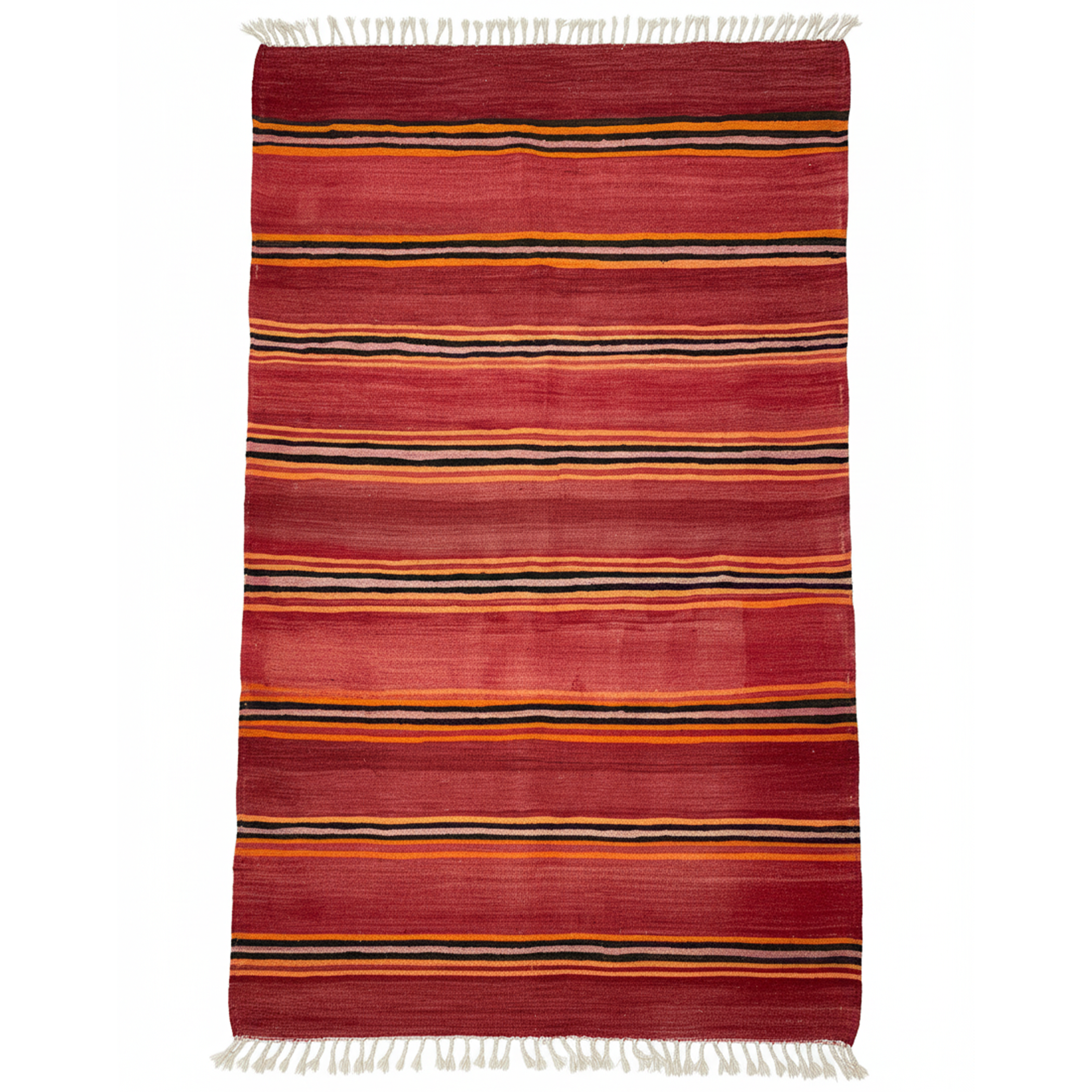 Vintage Moroccan Kilim Flatweave Rug – Handmade Wool Striped Carpet | 9.8 x 5.2 ft (3 x 1.6 m) | Red, Black, Orange & Yellow Rustic Boho