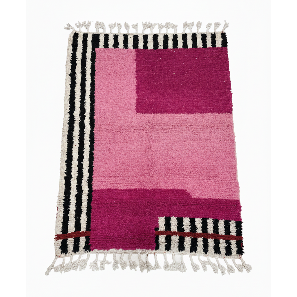 Handmade modern Carpet, Moroccan Rug, Area Rug in baby pink & fuchsia tones with black and white abstract linen pattern - Square Rug | 6.6 x 6.6 ft (2 x 2 m) | perfect for pink bedrooms & chic interiors.