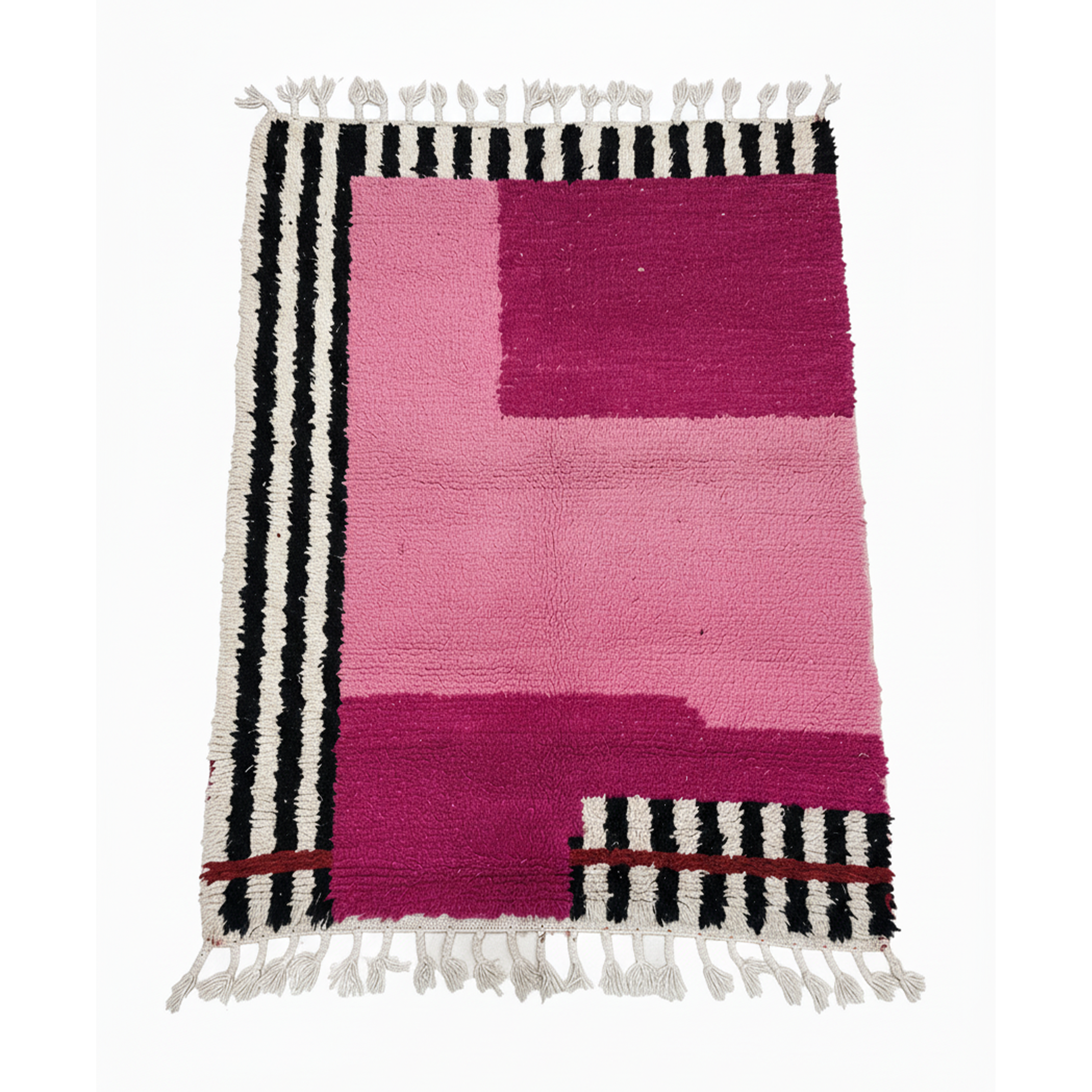 Handmade modern Carpet, Moroccan Rug, Area Rug in baby pink & fuchsia tones with black and white abstract linen pattern - Square Rug | 6.6 x 6.6 ft (2 x 2 m) | perfect for pink bedrooms & chic interiors.