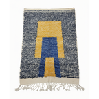 Modern Moroccan Rug – Abstract Geometric Yellow & Blue Design on Navy Heathered Background | 6.6 x 4.3 ft (2 x 1.3 m) | Handwoven Wool Statement Rug