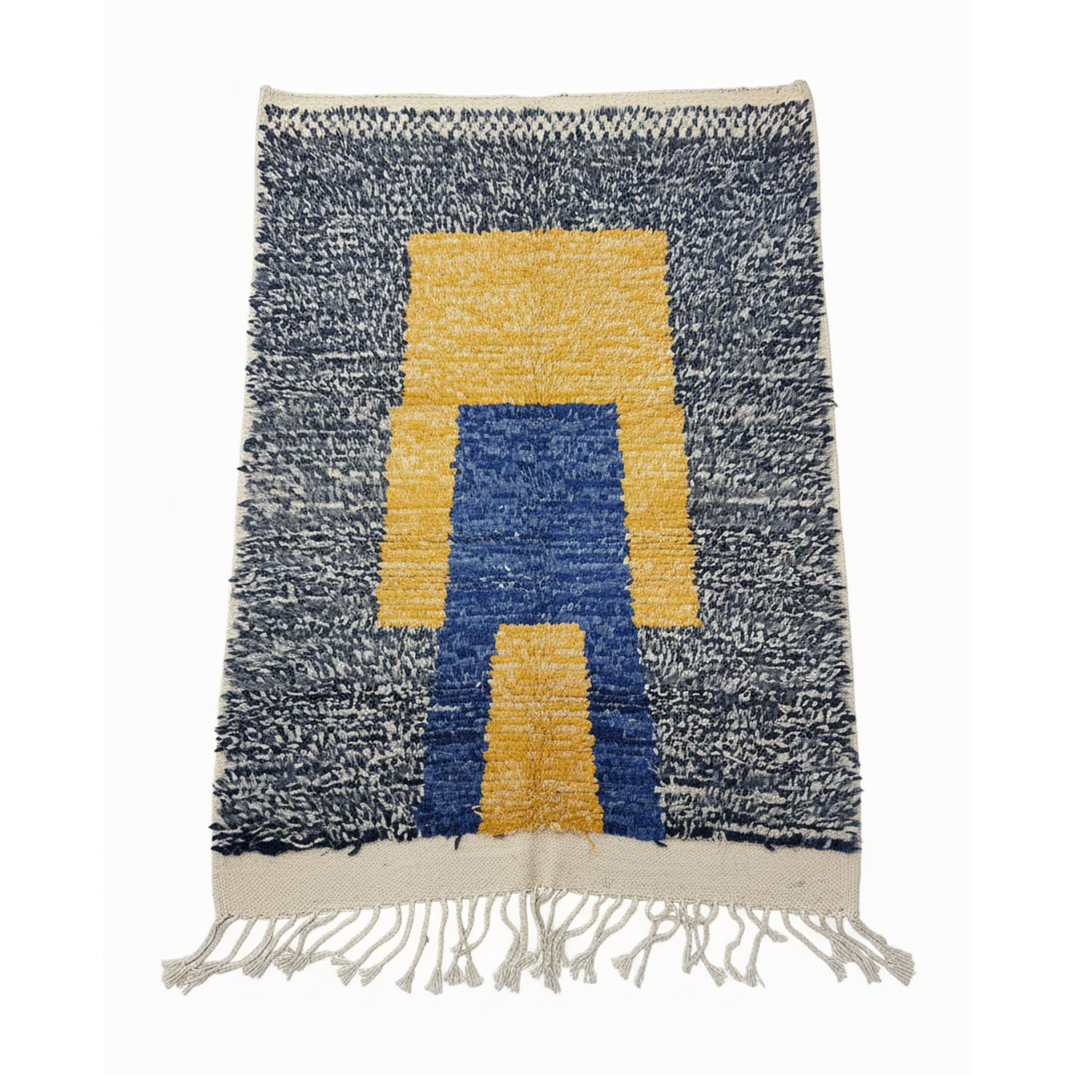 Modern Moroccan Rug – Abstract Geometric Yellow & Blue Design on Navy Heathered Background | 6.6 x 4.3 ft (2 x 1.3 m) | Handwoven Wool Statement Rug