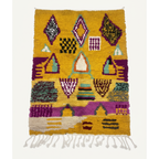 Handcrafted Moroccan Boucherouite Rug – Vibrant Mustard, Purple & Teal | 2.9’ × 3.9’ (90 × 120 cm) | Boho & Artistic Accent Rug