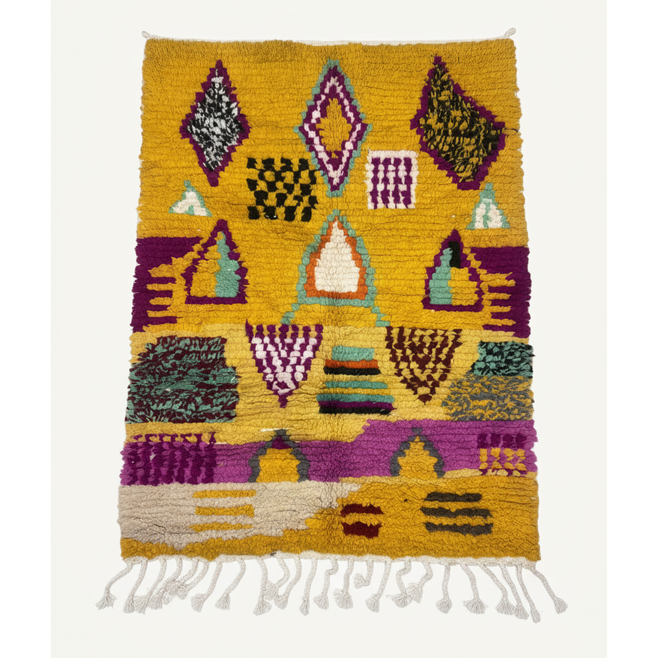 Handcrafted Moroccan Boucherouite Rug – Vibrant Mustard, Purple & Teal | 2.9’ × 3.9’ (90 × 120 cm) | Boho & Artistic Accent Rug