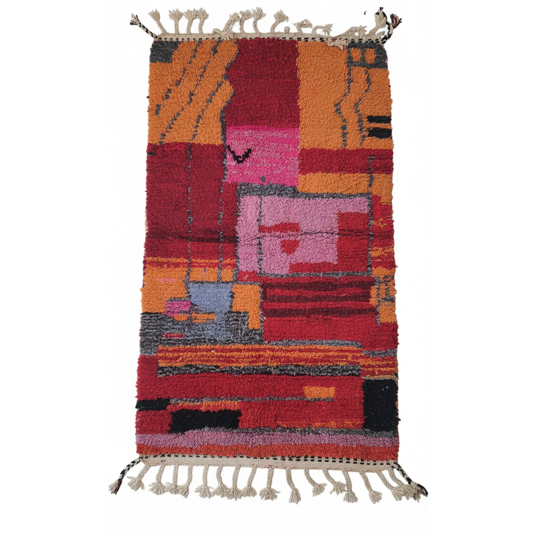Berber Area Rug, Handwoven Wool Carpet, Orange Moroccan Runner Rug Red & Orange Base with Black & Pink Accents | 6.2 x 3.1 ft (1.9 x 0.95 m) | Small Wool Rug for Hallways, Bedrooms & Modern Boho Décor