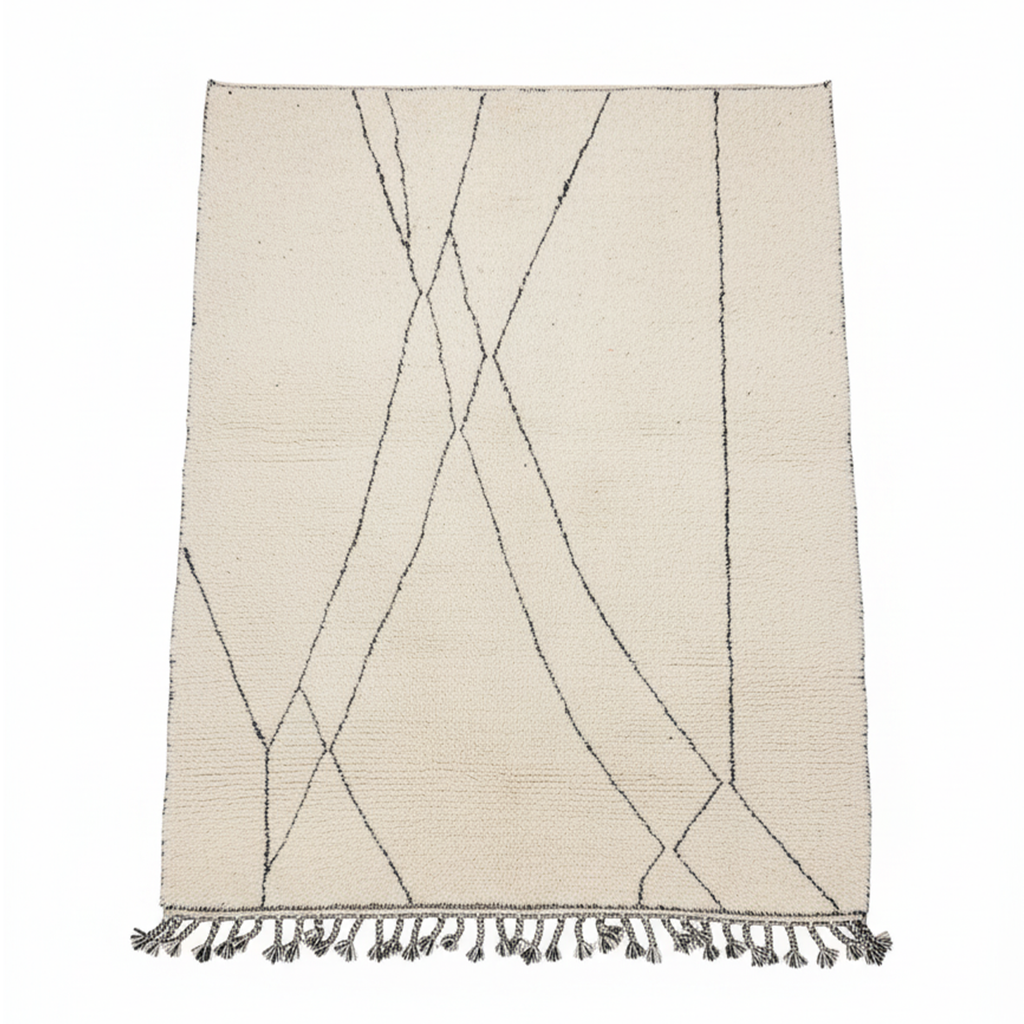Handmade Moroccan Beni Ourain Rug – Minimalist Geometric Black & Ivory Design | 6.9’ × 8.5’ (210 × 260 cm) | Plush Wool Area Rug